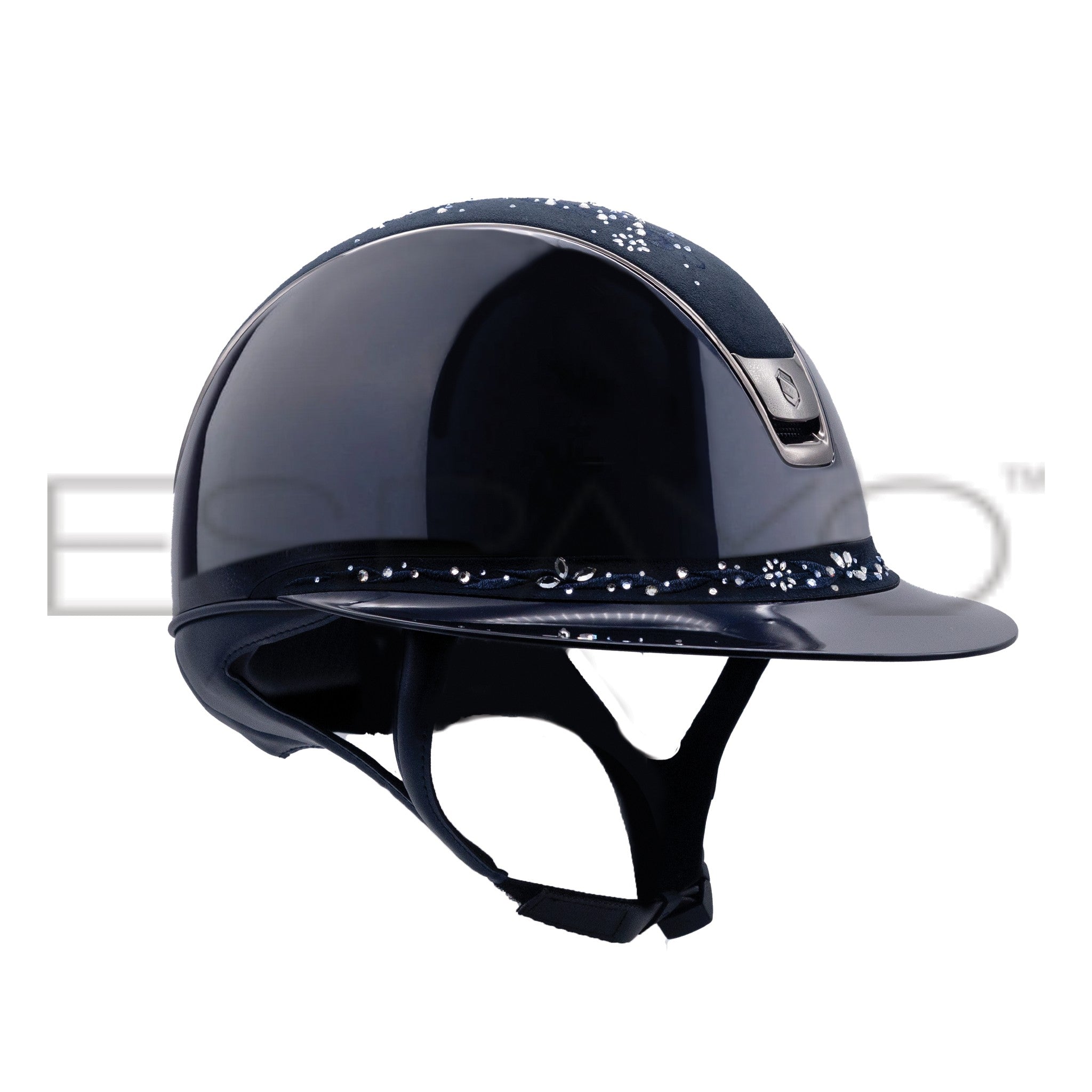 Samshield Miss Shield Shadowglossy 2.0 Riding Helmet, Flower Swarovski Jewellery Top & Front Band, Black Chrome Trim & Blazon - Espayo Equestrian