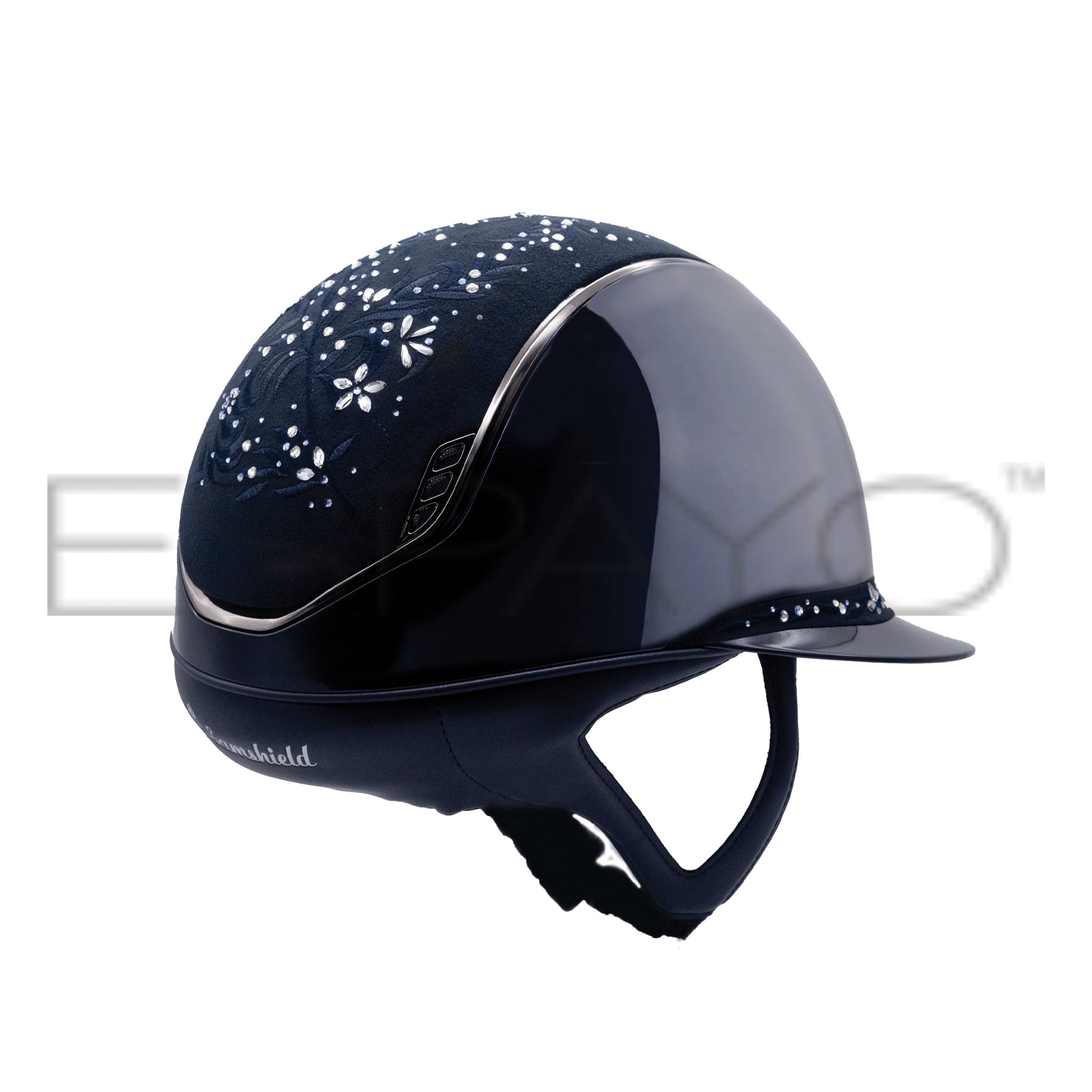 Samshield Miss Shield Shadowglossy 2.0 Riding Helmet, Flower Swarovski Jewellery Top & Front Band, Black Chrome Trim & Blazon - Espayo Equestrian