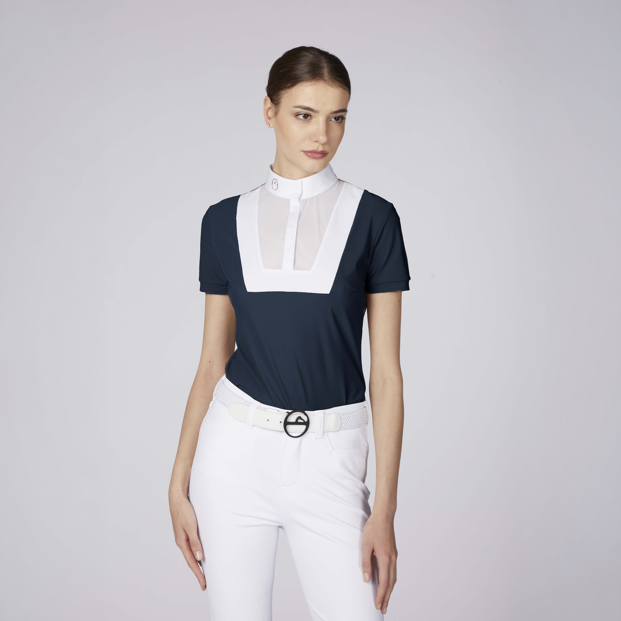 Vestrum Ladies Cesena short sleeve show shirt with tailored fit, white fabric, and subtle branding for equestrian competitions.