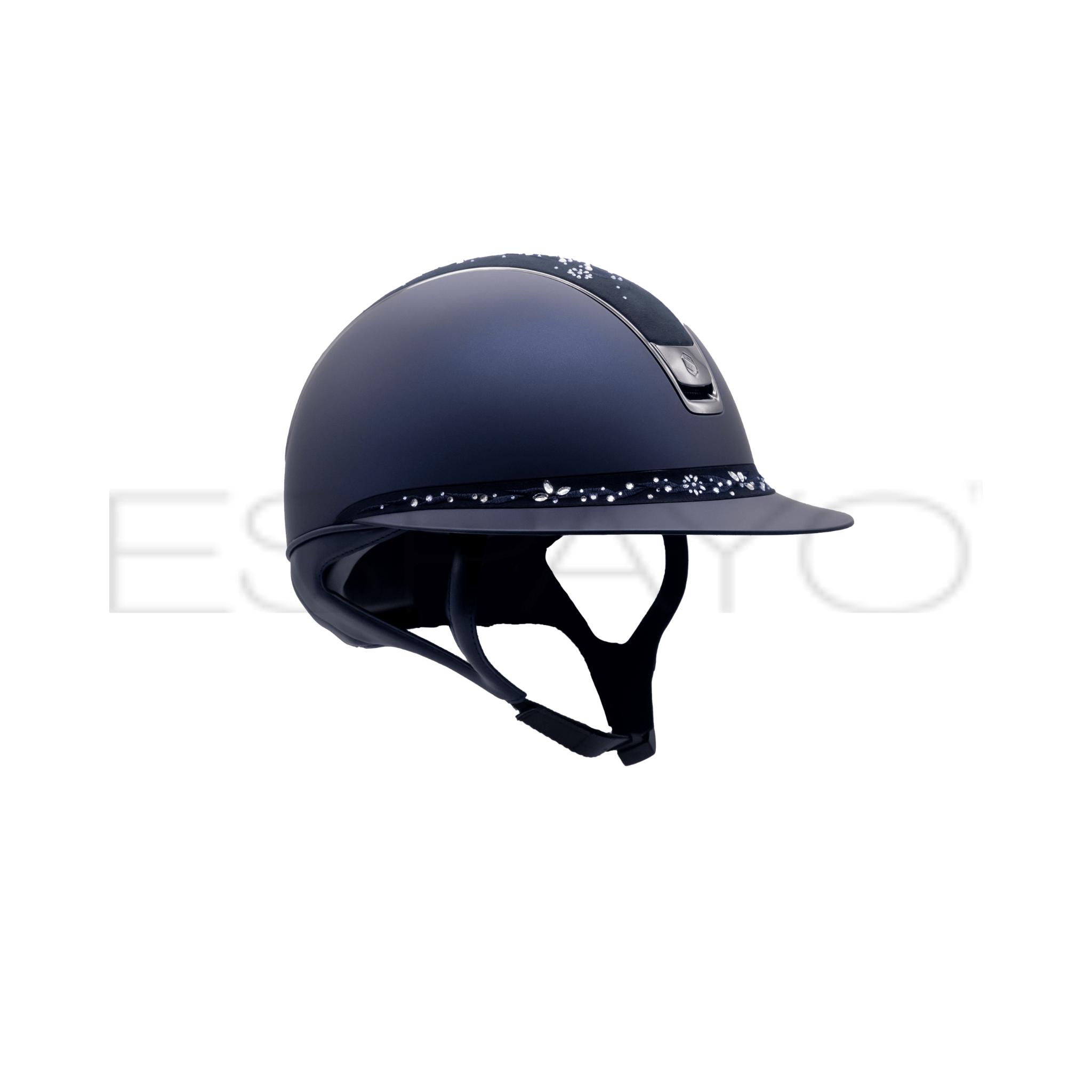 Samshield Miss Shield Shadowmatt 2.0 Riding Helmet, Flower Swarovski Jewellery Top & Front Band, Black Chrome Trim & Blazon - Espayo Equestrian