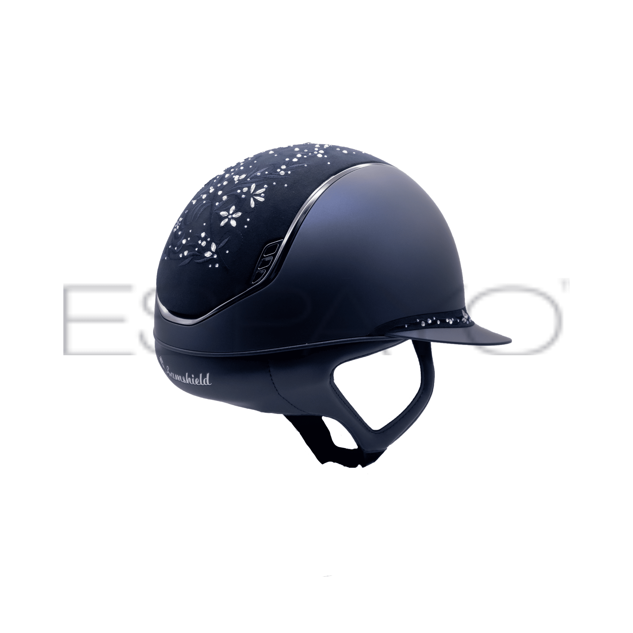 Samshield Miss Shield Shadowmatt 2.0 Riding Helmet, Flower Swarovski Jewellery Top & Front Band, Black Chrome Trim & Blazon - Espayo Equestrian