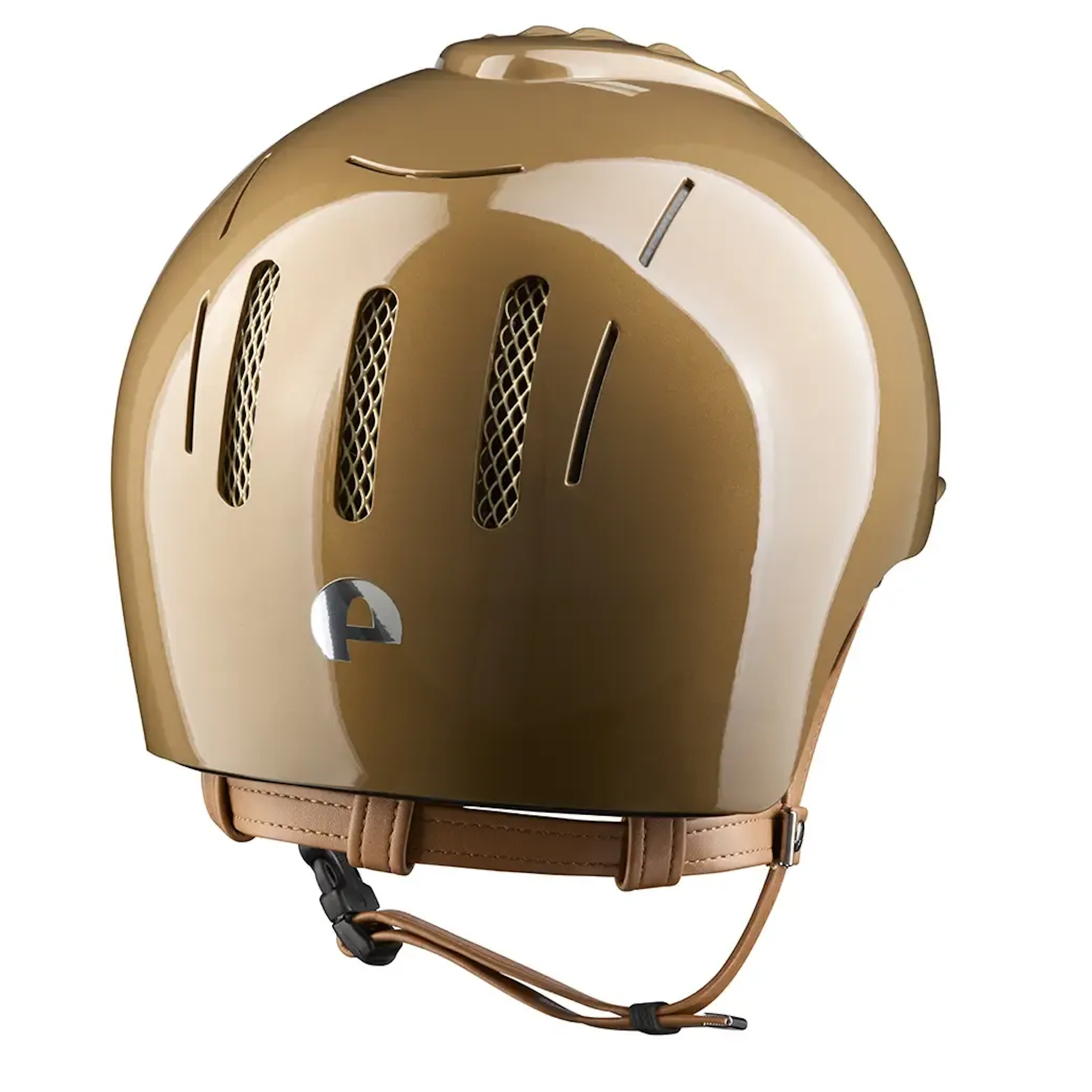 KEP Endurance Shine horse riding helmet with Sahara-style design, back view showing adjustable straps and ventilation for equestrian riding.