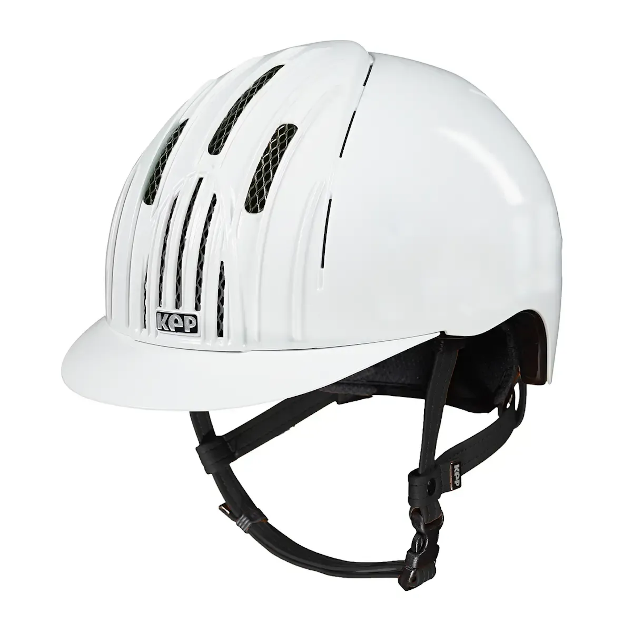 KEP Endurance Shine horse riding helmet in white with a shiny finish, designed for horse ball and driving riding activities.