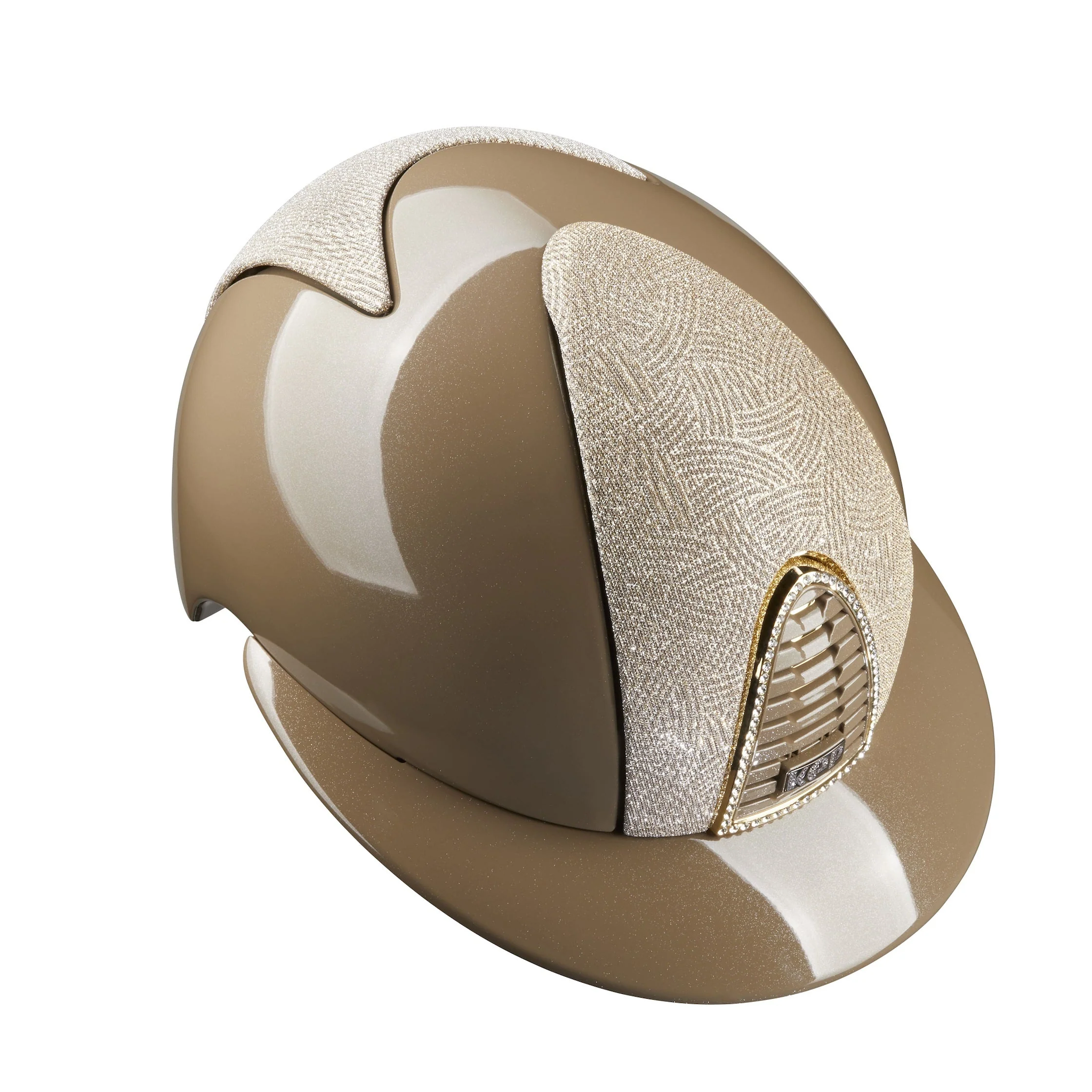 KEP Cromo 2.0 Polo Diamond Shell, Grid, Button & Visor, New Galassia Gold Top & Front, Crystal Gold Frame & Subgrid, Taupe Chinstrap - Espayo Equestrian
