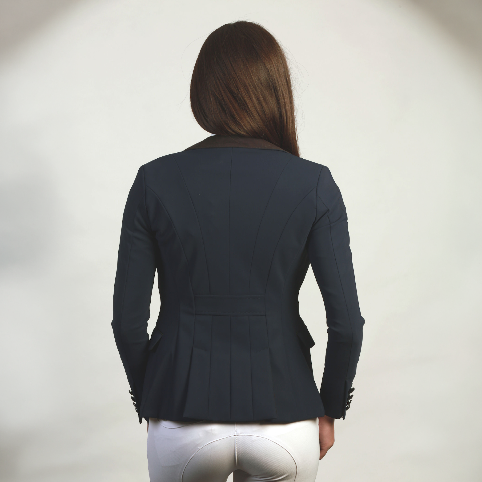 Royal blue Cavalleria Toscana Ladies GP Jacket showing back view, tailored show jacket with elegant stitching and logo details.