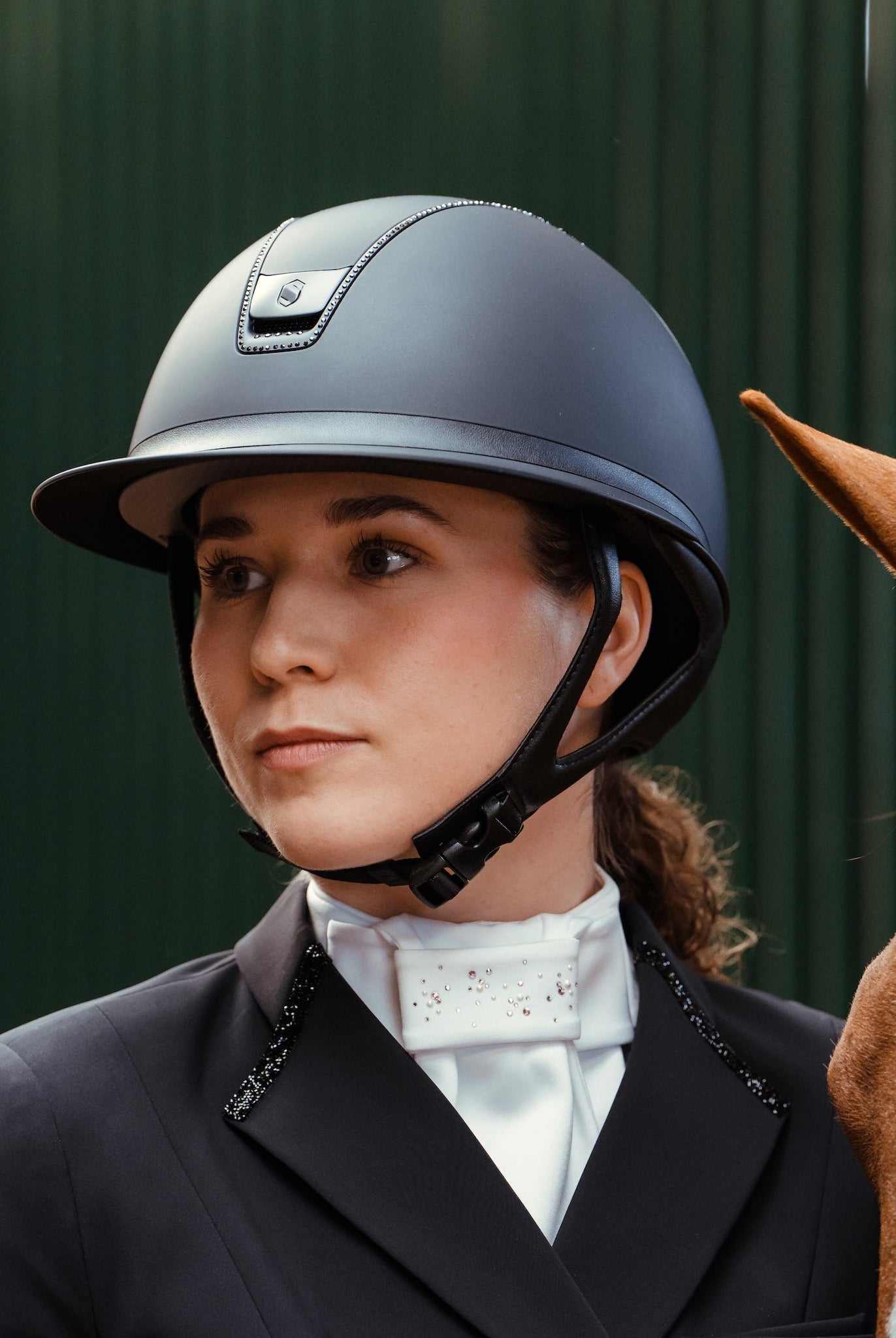 Samshield Miss Shield Shadowmatt 2.0 riding helmet with matte finish, decorative trim, blazon, and 300 crystal accents.