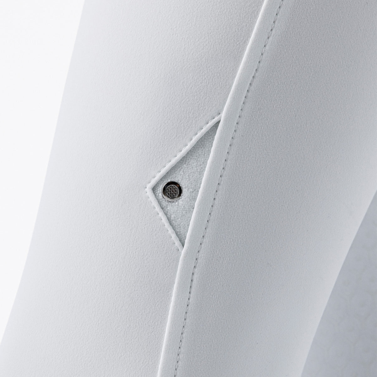 Equiline Ladies Crysalekh high waisted knee grip breeches in white, close up detail view showing the crystals.