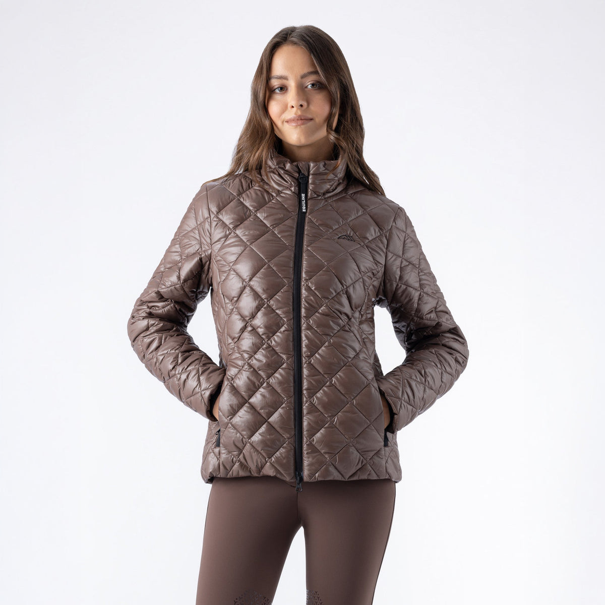 Equiline Ladies Eqplum light padded jacket in cocoa powder, lightweight quilted jacket with recycled padding for everyday equestrian wear.