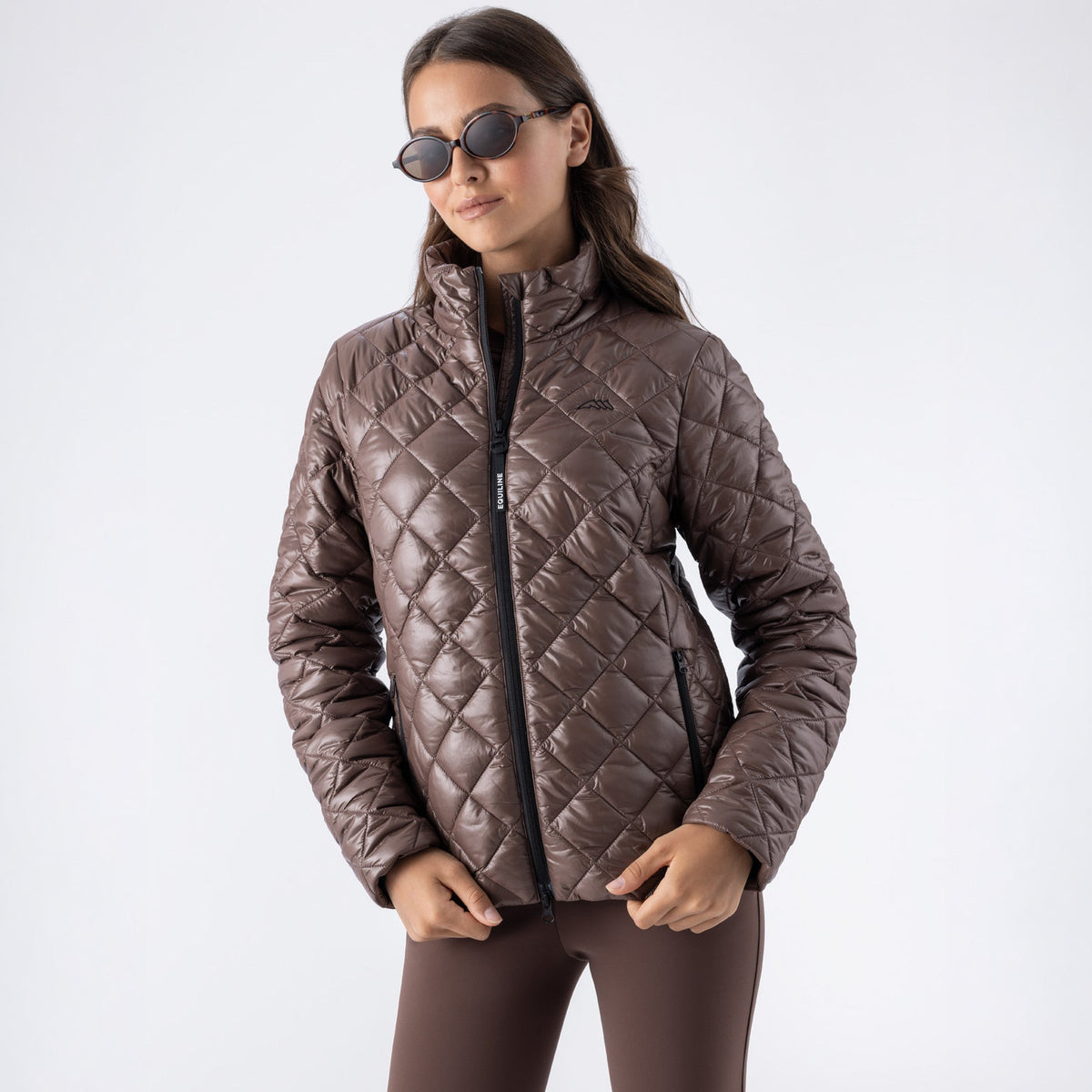 Equiline Ladies Eqplum light padded jacket in cocoa powder, front view of the quilted design with full-length zip.