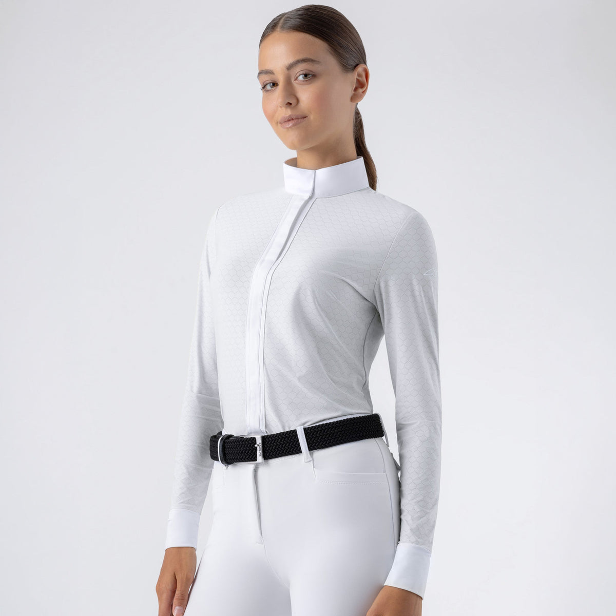 Equiline Ladies Eqtock long sleeve competition shirt in white, fitted stretch show shirt with high collar for equestrian competition.