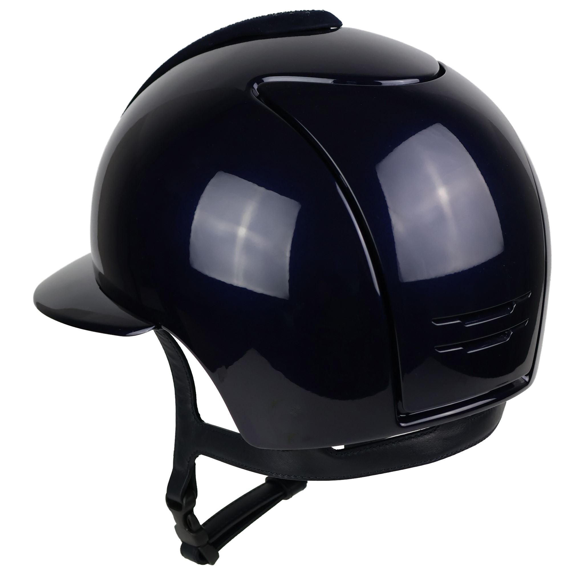 KEP Cromo 2.0 Polish Polo riding helmet with Nebula silver accents and silver zircon logo, shown in black and blue from the back view.