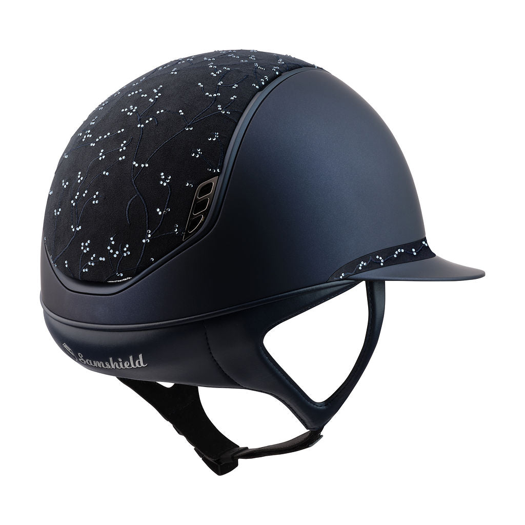 Samshield Miss Shield Shadowmatt 2.0 Riding Helmet, Crystal Leaf Top & Front Band, Matt Trim, Black Chrome Blazon, 5x Crystals - Espayo Equestrian