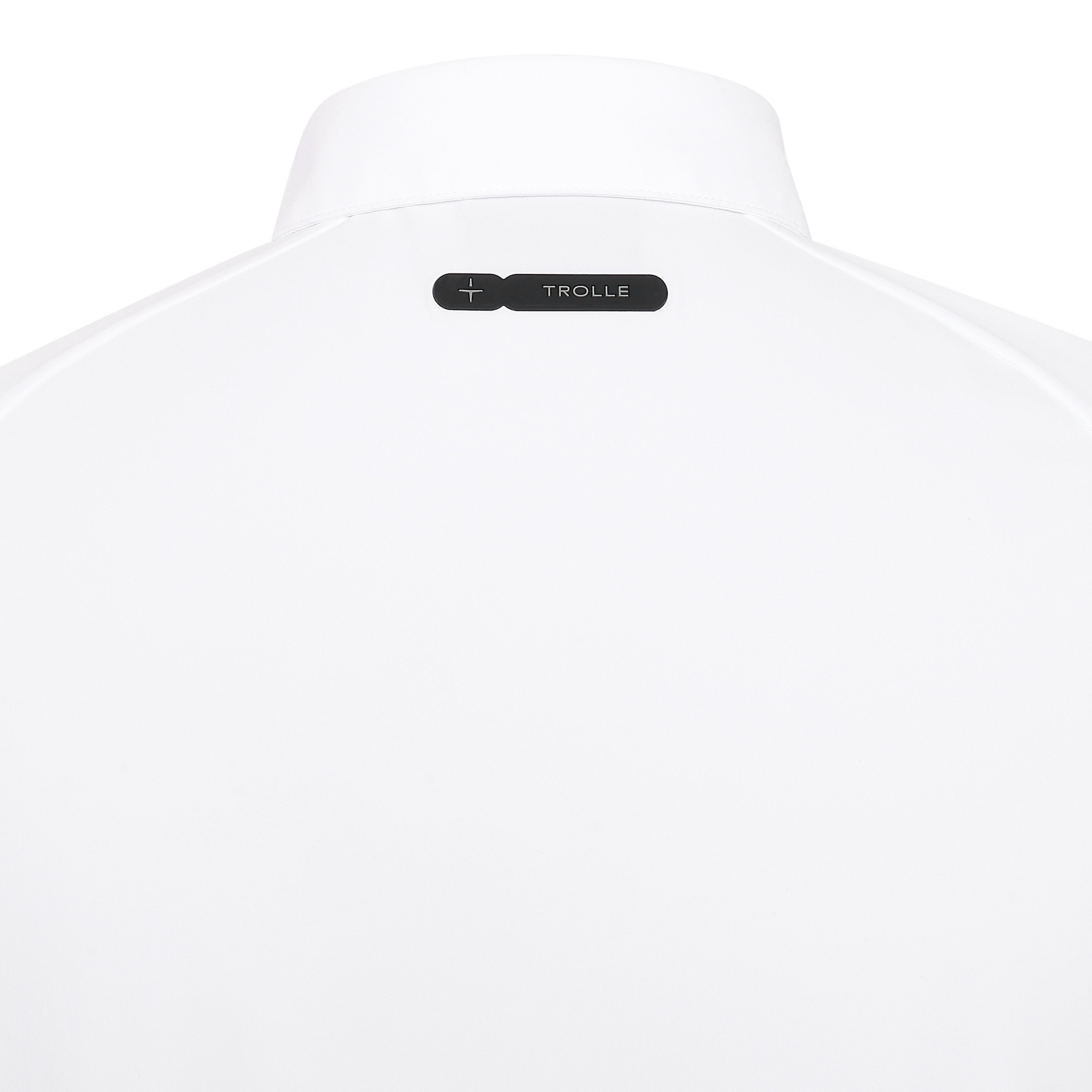 White Trolle Mens Aero Show Shirt displayed on a hanger, featuring classic style and lightweight fabric for equestrian show events.