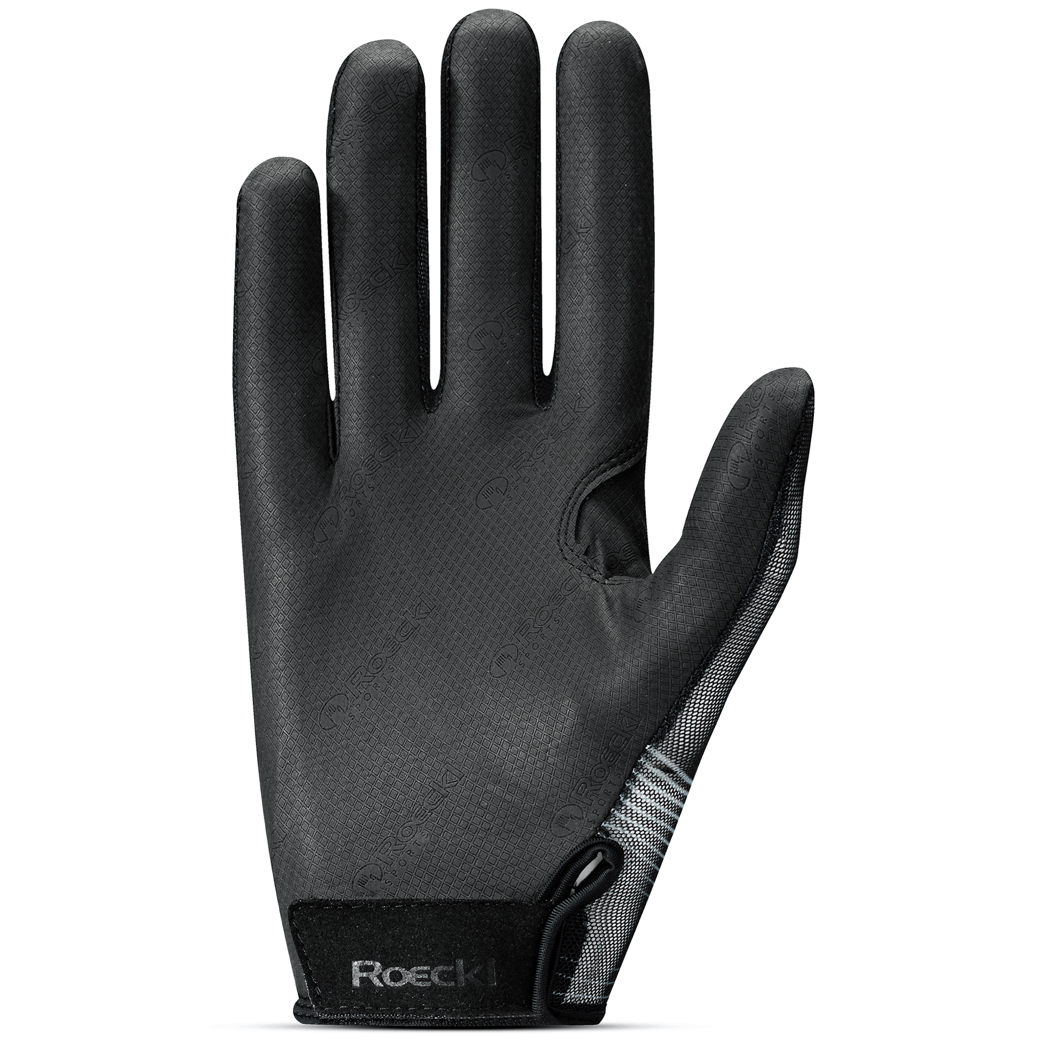 Black Roeckl Laila 2 riding gloves with reinforced palms and adjustable wrist straps, designed for equestrian riding comfort.