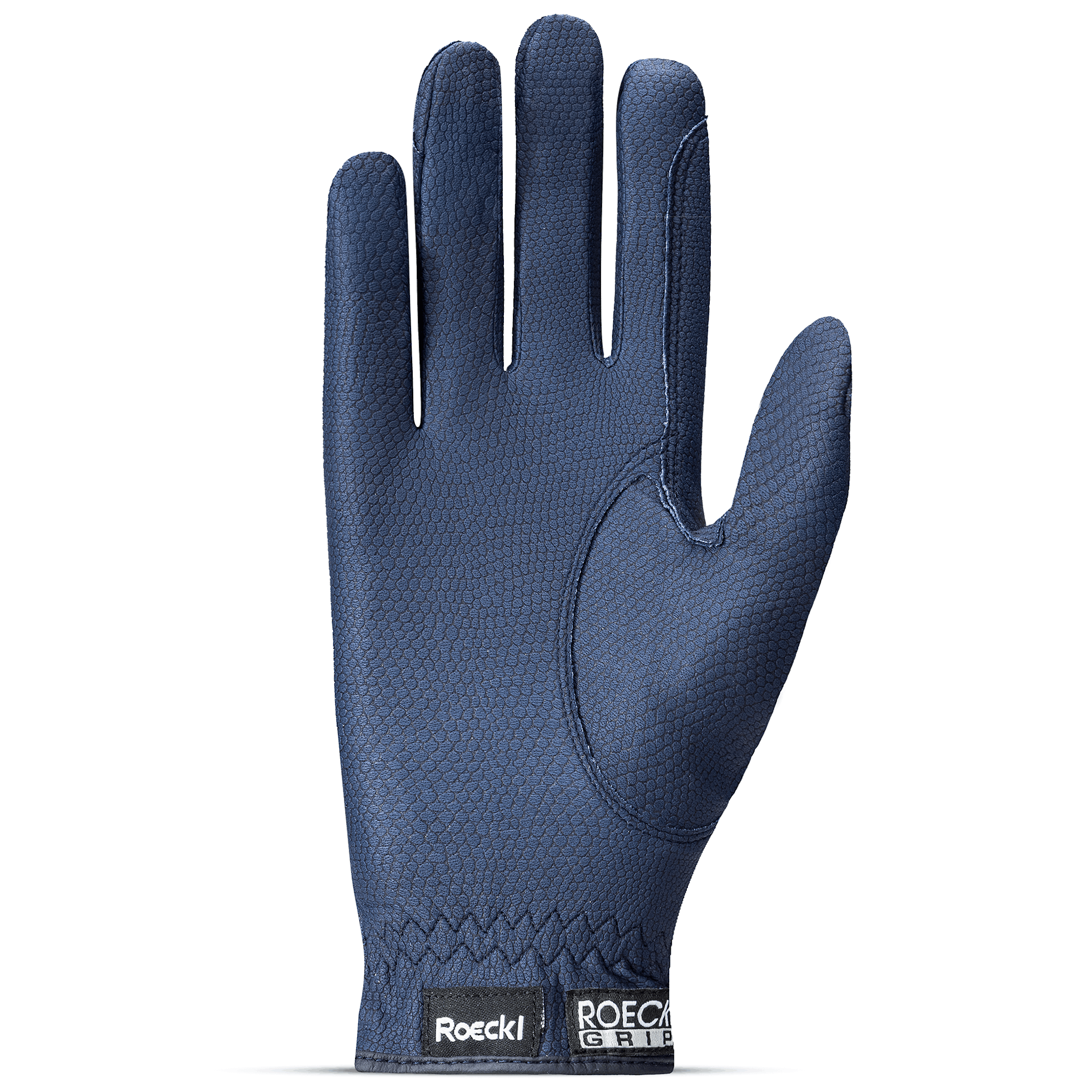 Navy Roeckl Lisboa riding gloves with textured grip palms and snug fit, designed for equestrian activities.