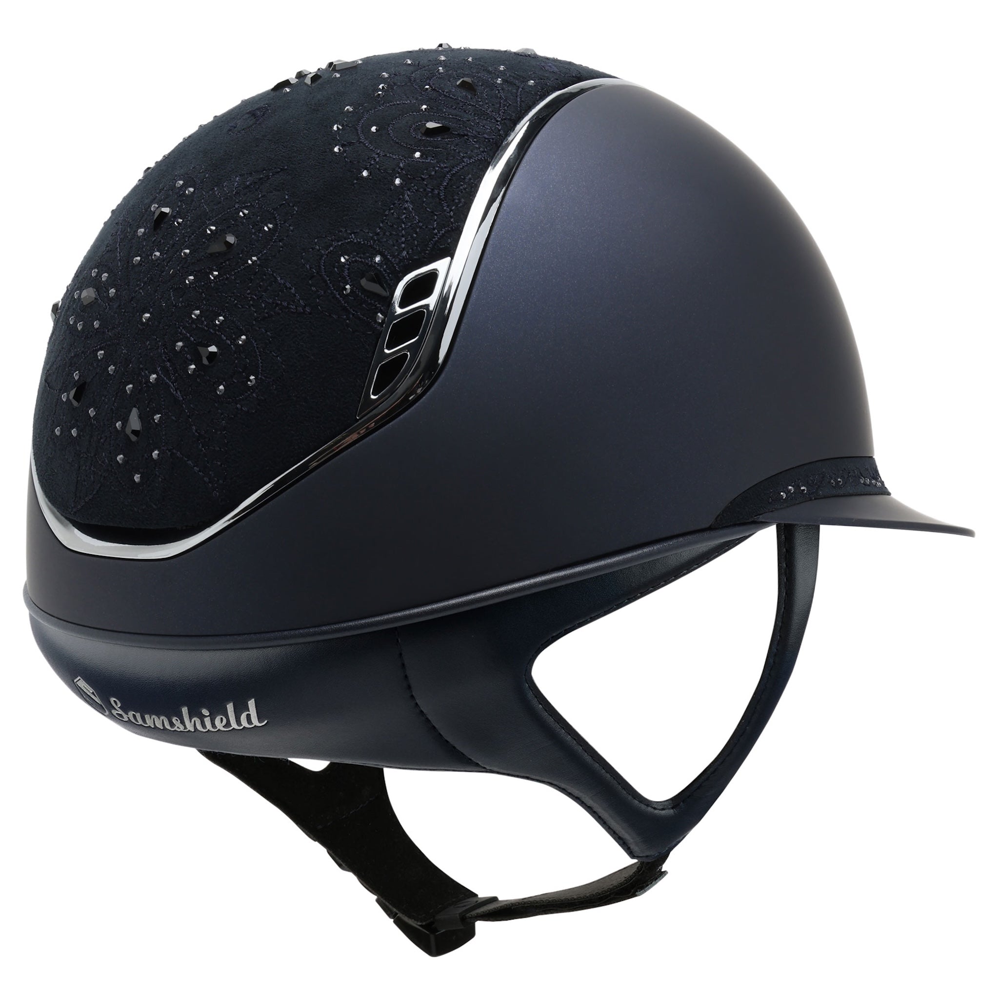 Samshield Miss Shield Shadowmatt 2.0 riding helmet with crystal bloom top, black chrome trim, and elegant front band.