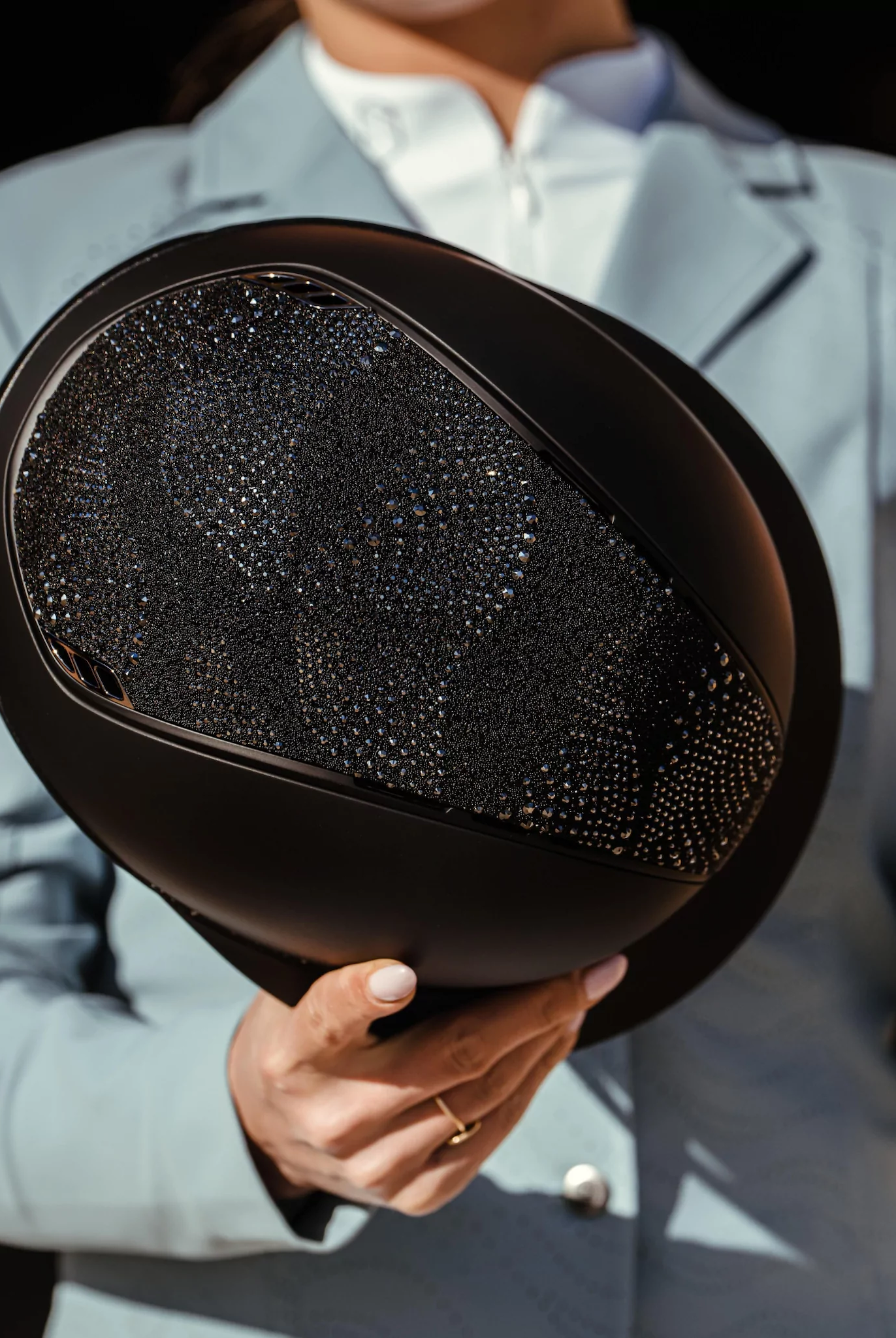 Samshield Miss Shield Shadowmatt 2.0 riding helmet with crystal intarsia, black chrome trim, and elegant top and front band design.