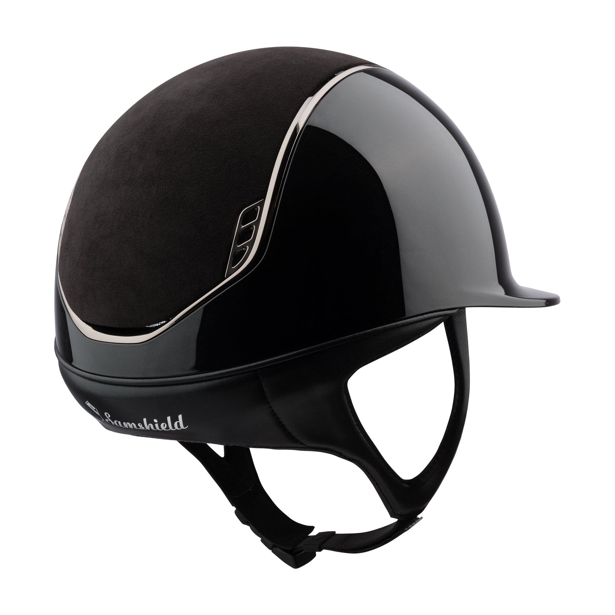 Samshield Shadowglossy 2.0 Riding Helmet, Alcantara Top, Black Chrome Trim, Crystal Fabric Blazon - Espayo Equestrian