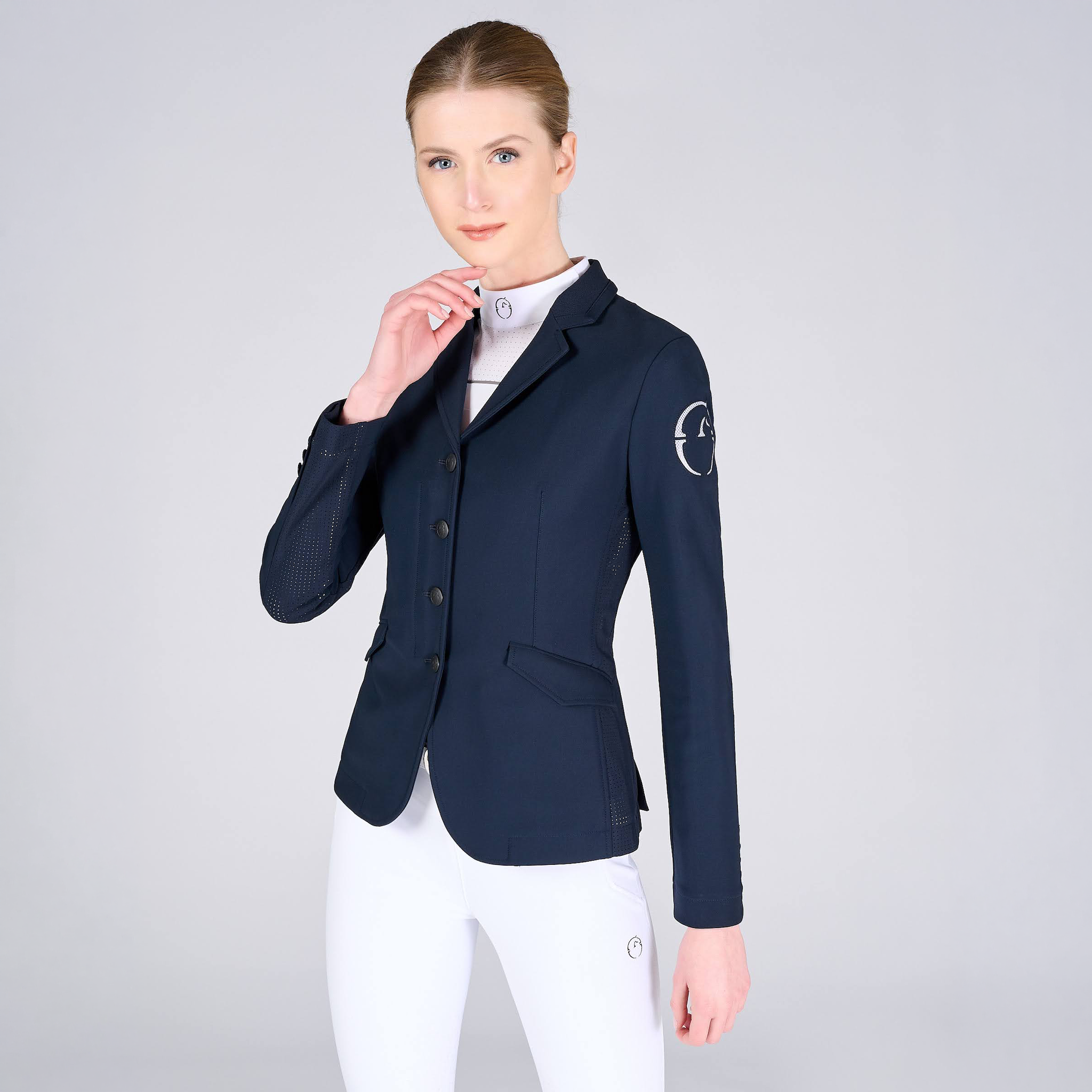 Vestrum Ladies Barcellona show jacket in navy with tailored fit and detailed stitching, designed for equestrian show events.