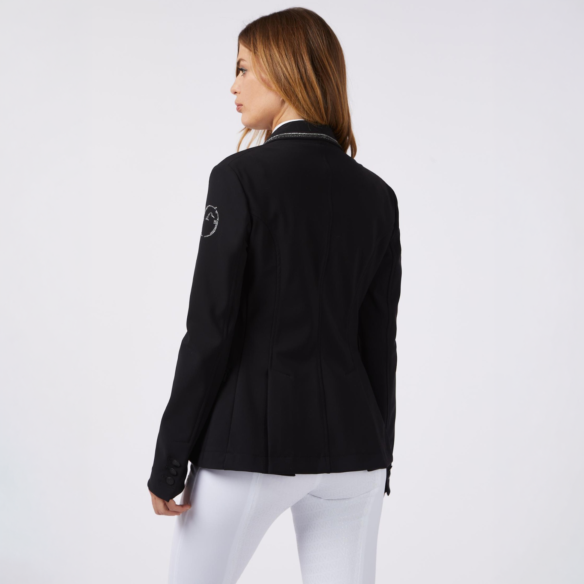 Black Vestrum Ladies Nizza Show Jacket displayed from the back, showcasing tailored fit and elegant design for equestrian events.