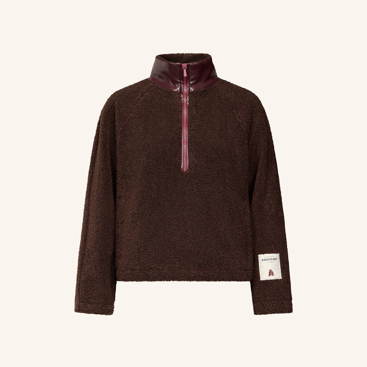 Dada Sport Ladies Tabalou Fleece in Brown, front view showing the half-zip and contrast plum collar
