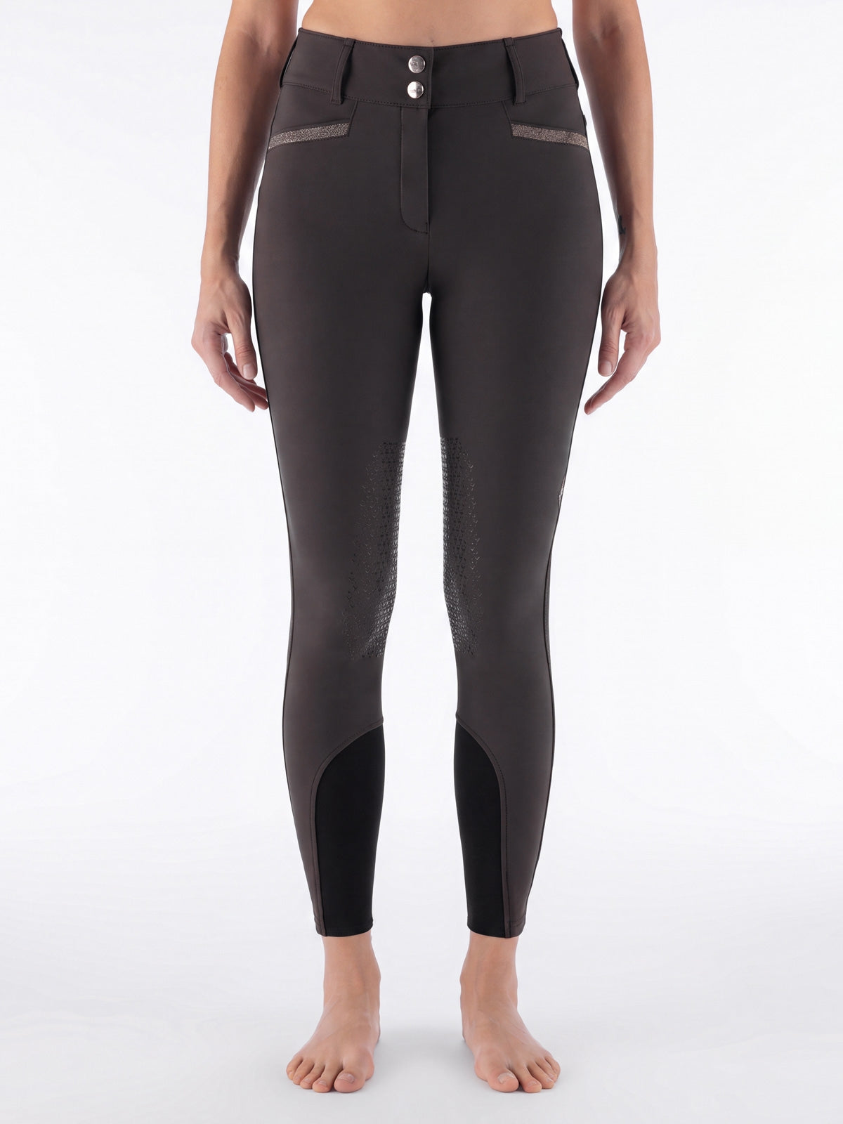 Equiline Ladies Crystalek High Waisted Knee Grip Breeches in Coffee Bean, front view of the high-waisted knee grip breeches with tone-on-tone crystal fabric details.