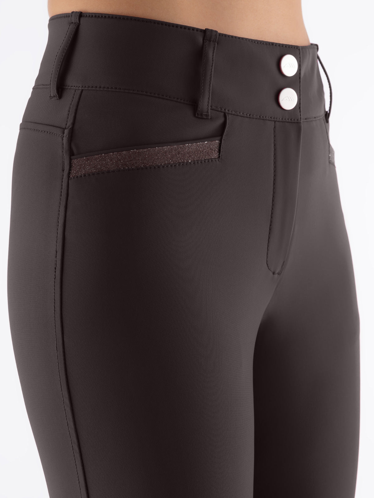 Equiline Ladies Crystalek High Waisted Knee Grip Breeches in Coffee Bean, detail view of the high-waisted knee grip breeches with tone-on-tone crystal fabric details.
