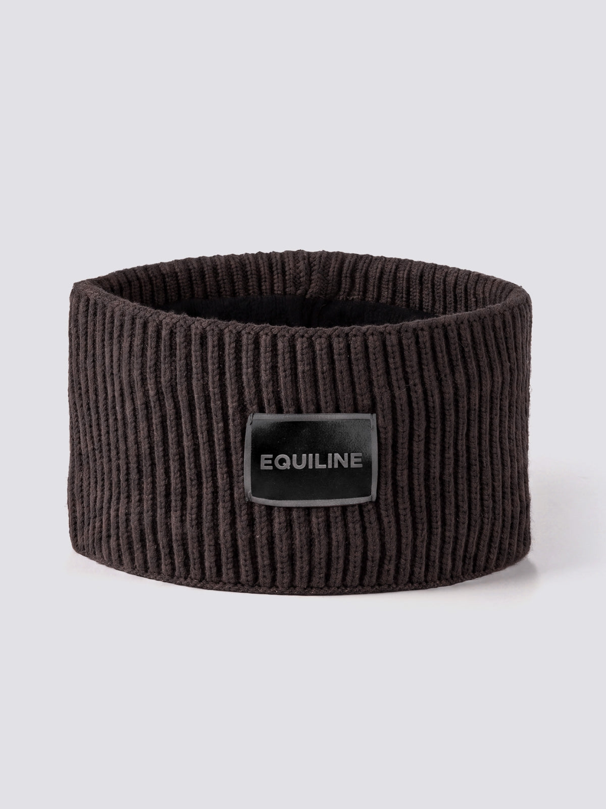 Equiline Ladies Eqcend Knitted Headband in Coffee Bean, shown worn, the microfleece-lined knitted headband with jacquard Equiline logo patch.