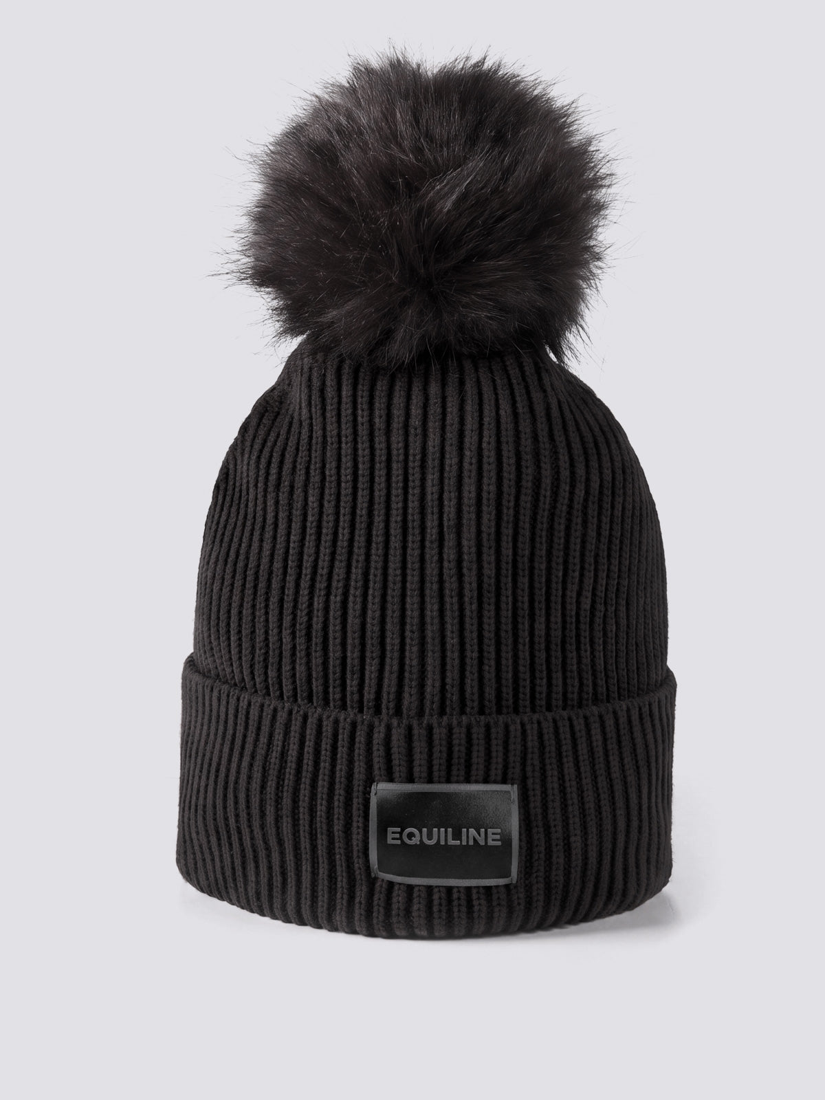 Equiline Ladies Eqcon Pom Pom Knitted Hat in Black, shown worn, the microfleece-lined knitted beanie with faux fur pom pom and Equiline logo patch.