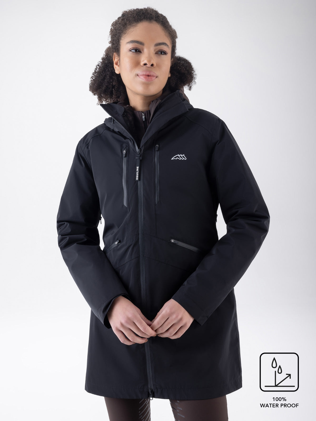 Equiline Ladies Eqcroof 3 in 1 Waterproof Jacket in Black, front view of the 3-in-1 waterproof jacket with detachable outer shell and Eco-Duvet inner jacket.