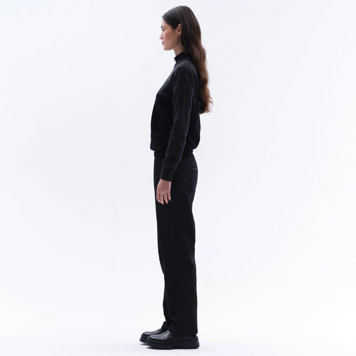 Trolle Ladies Cashmere & Wool Star Logo Crewneck Sweater in Black/Dark Grey, a soft cashmere and wool crewneck jumper.