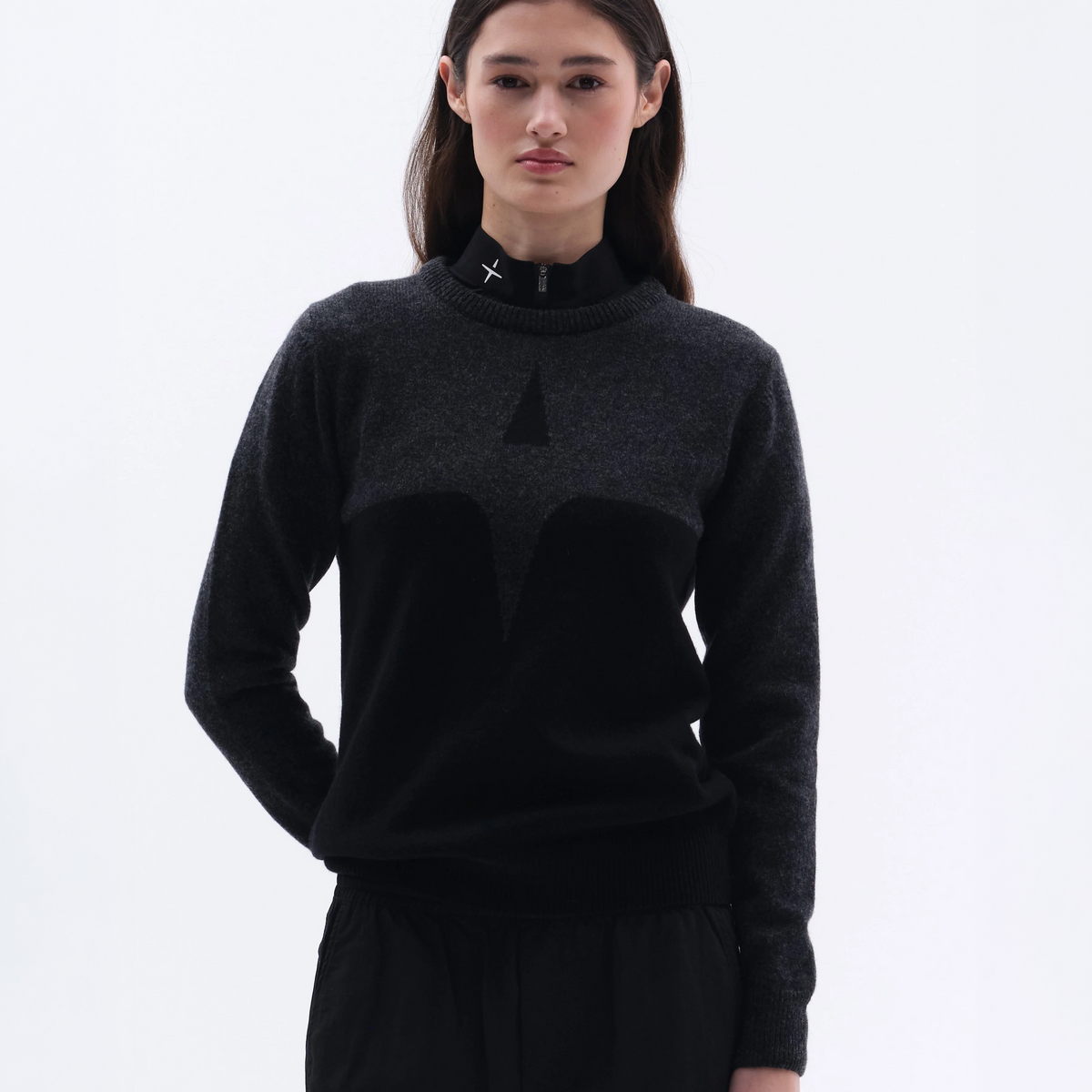 Trolle Ladies Cashmere & Wool Star Logo Crewneck Sweater in Black/Dark Grey, a soft cashmere and wool crewneck jumper.