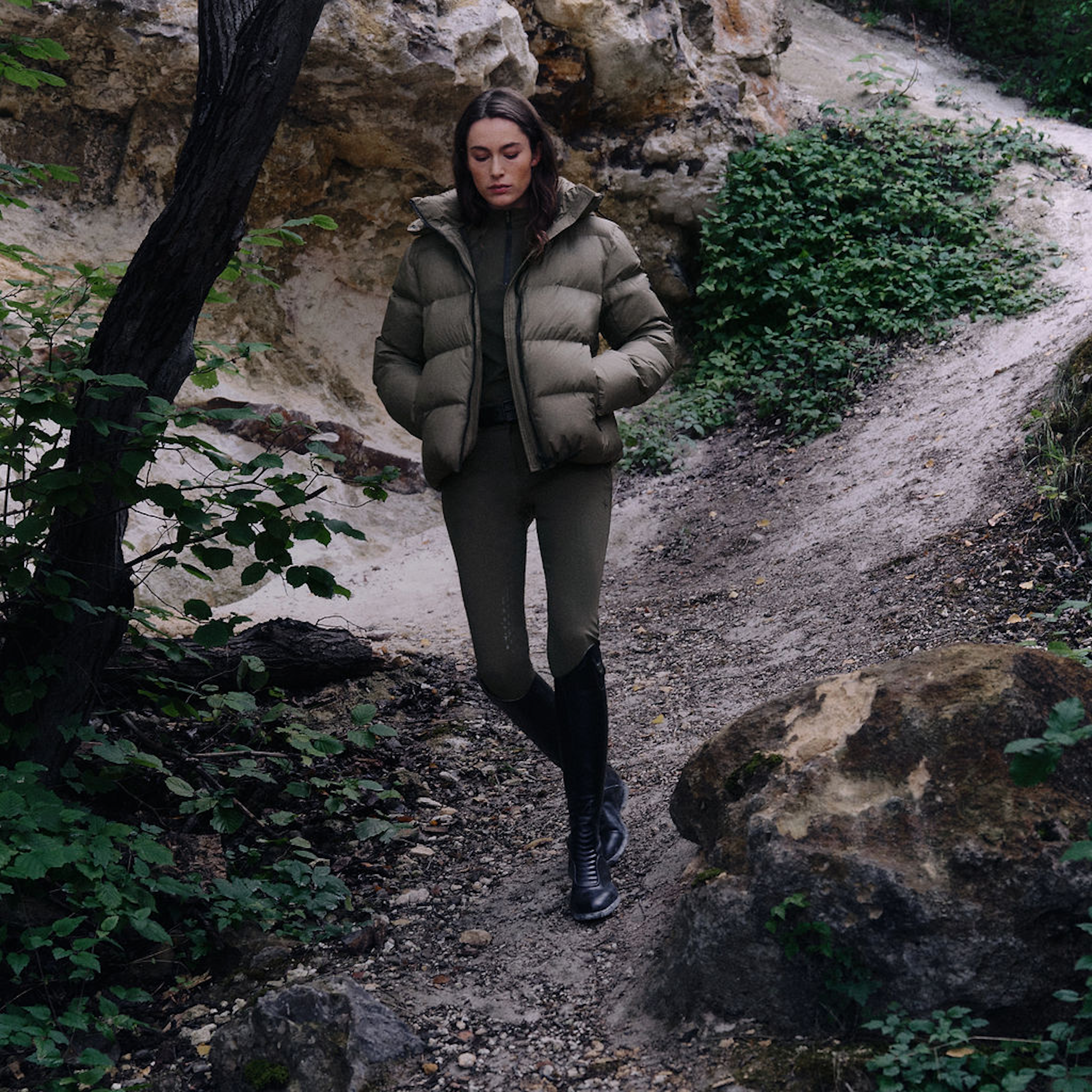 Trolle Ladies Goose Down Puffer Jacket in Olive, a lightweight goose down winter jacket.