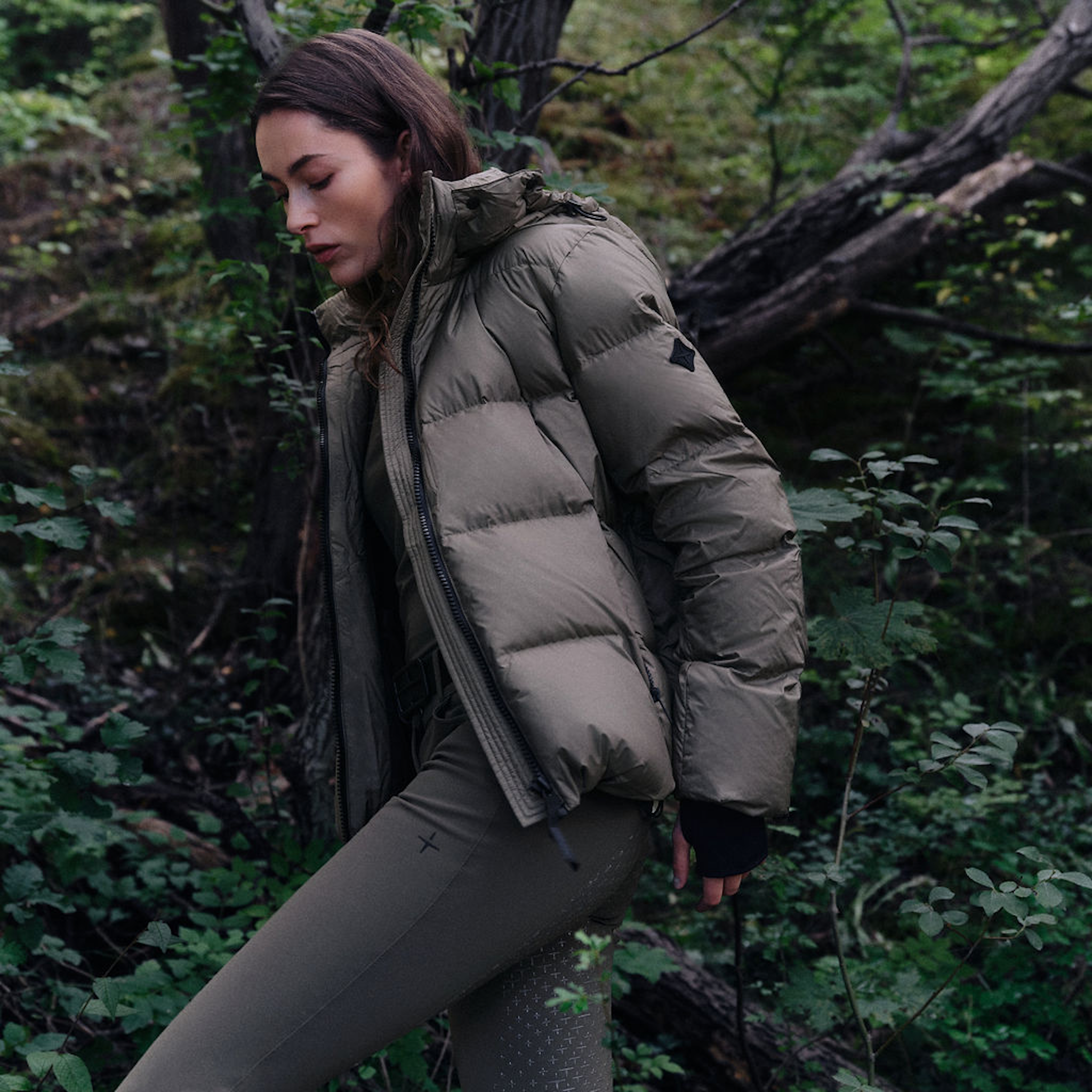 Trolle Ladies Goose Down Puffer Jacket in Olive, a lightweight goose down winter jacket.