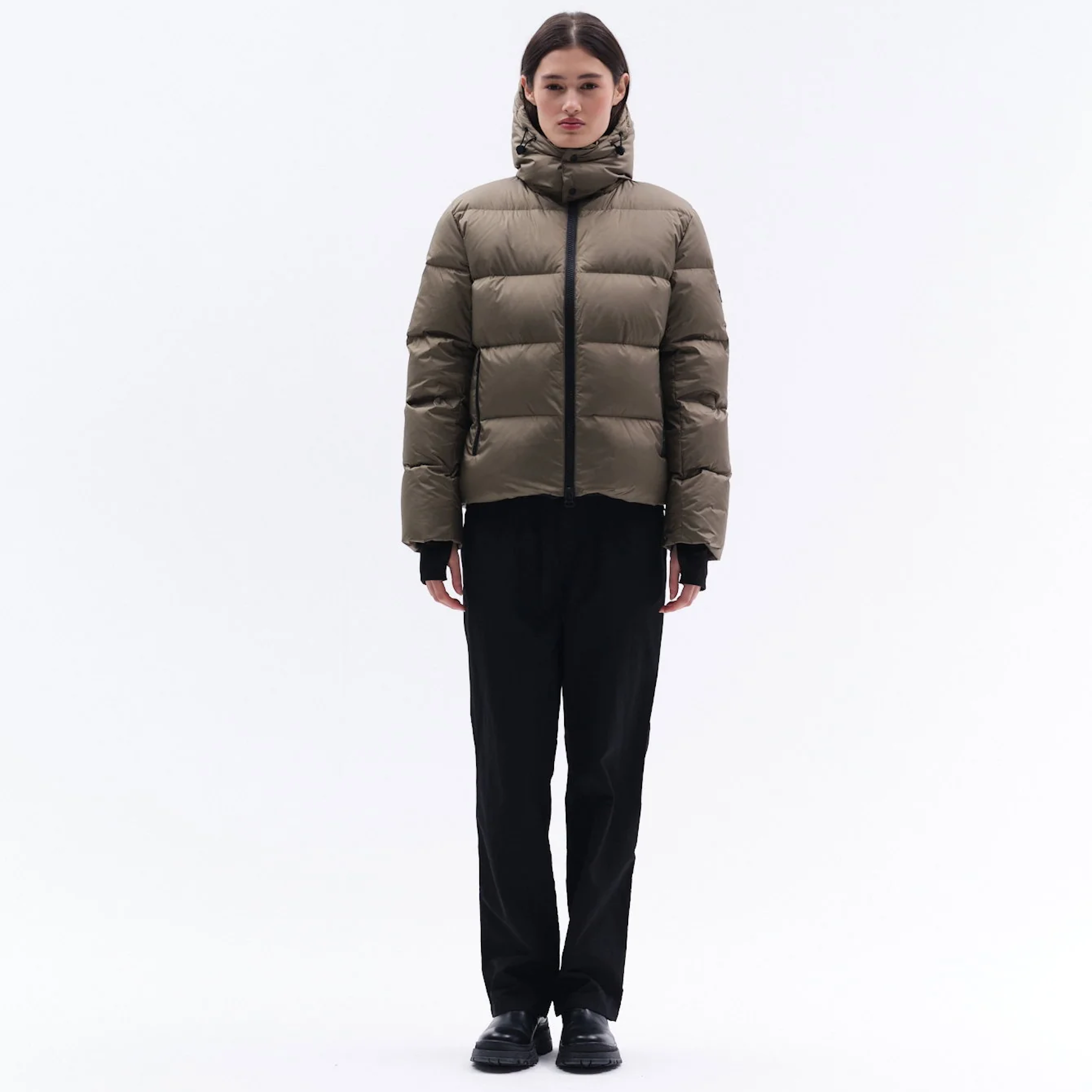 Trolle Ladies Goose Down Puffer Jacket in Olive, a lightweight goose down winter jacket.