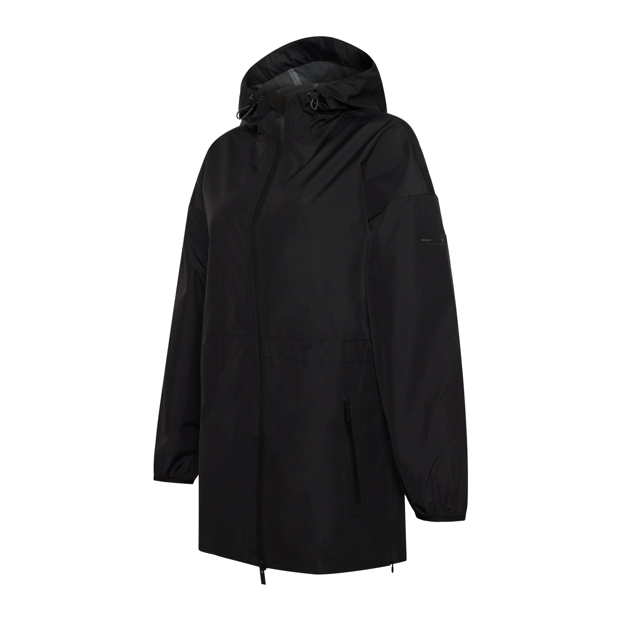 Trolle Ladies Heat-Sealed Breathable Rain Coat in Black, a lightweight waterproof riding coat.