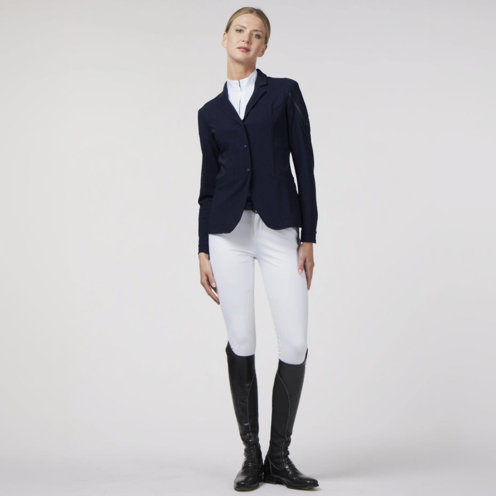 Navy Vestrum Ladies Capri Show Jacket with tailored fit and elegant design, suitable for equestrian events.