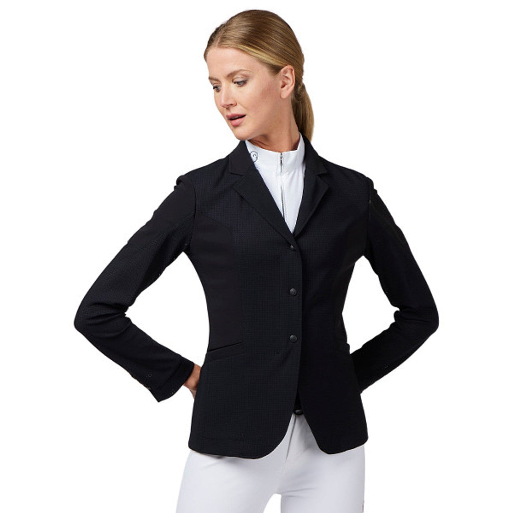 Vestrum Ladies Capri Show Jacket displayed on a hanger, featuring tailored fit, lightweight fabric, and classic riding jacket details.