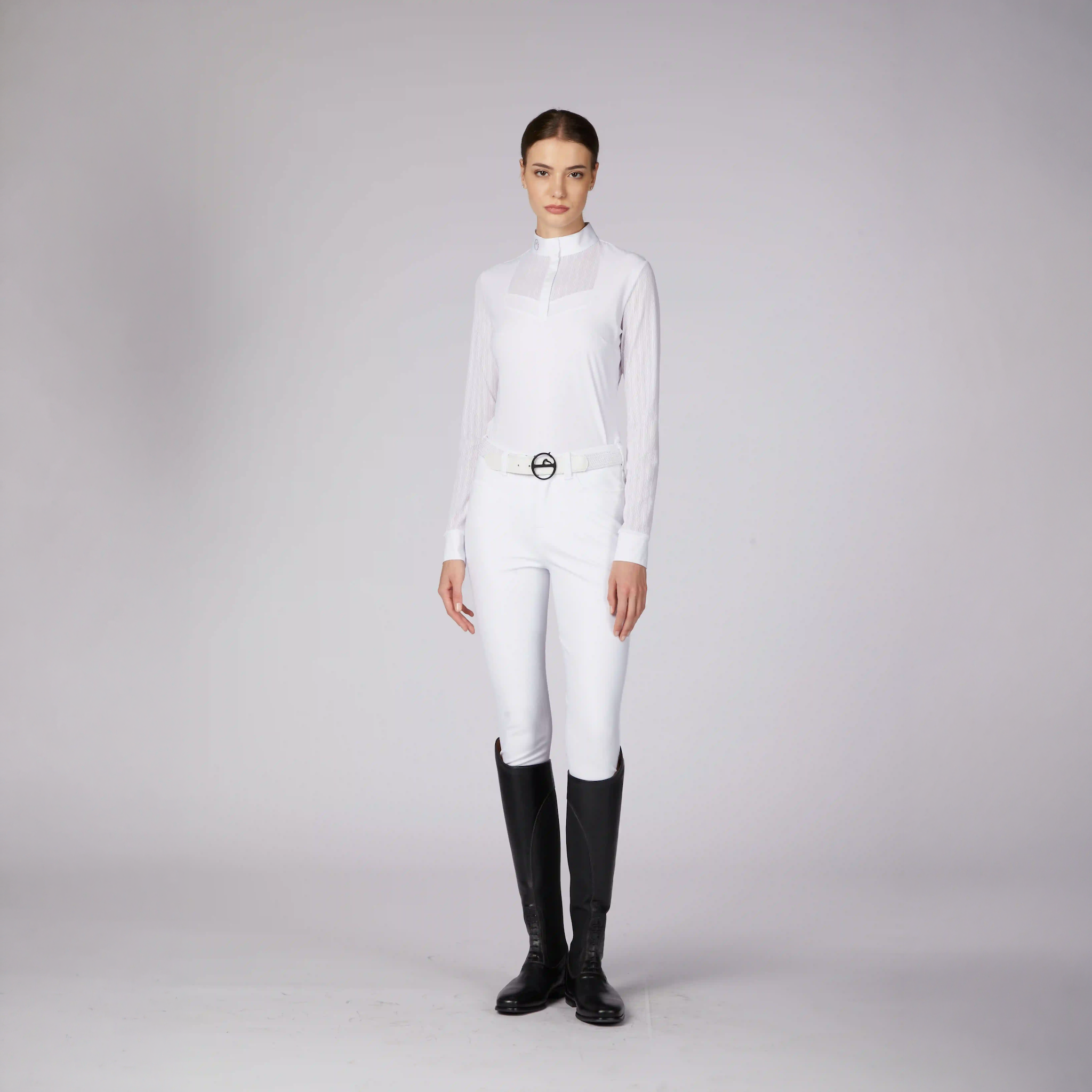 Vestrum Ladies Harbin long sleeve show shirt with tailored fit, white fabric, and subtle branding for equestrian competition.