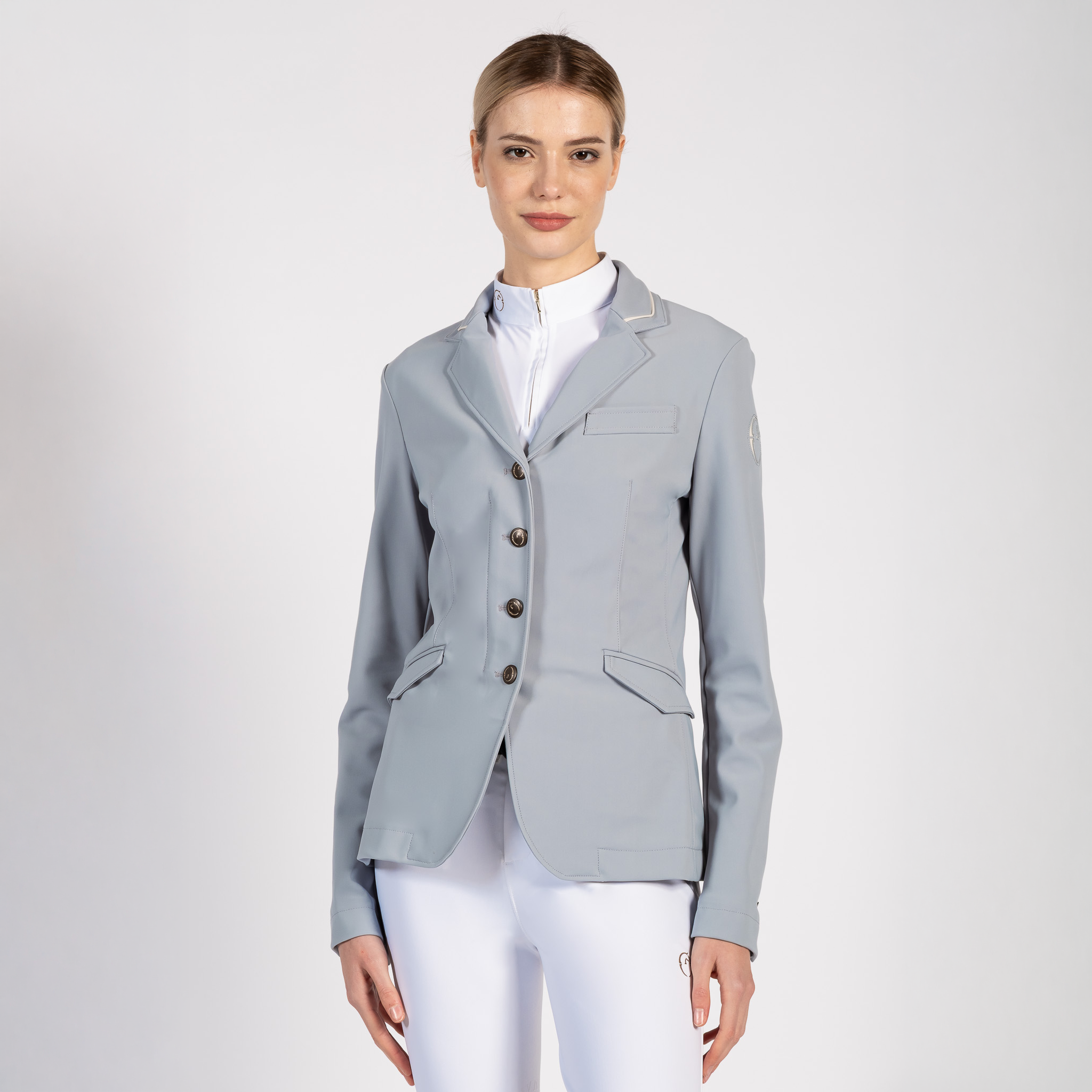 Vestrum Ladies SS26 Canberra Show Jacket displayed on a hanger, showcasing tailored design and elegant details for equestrian show events.