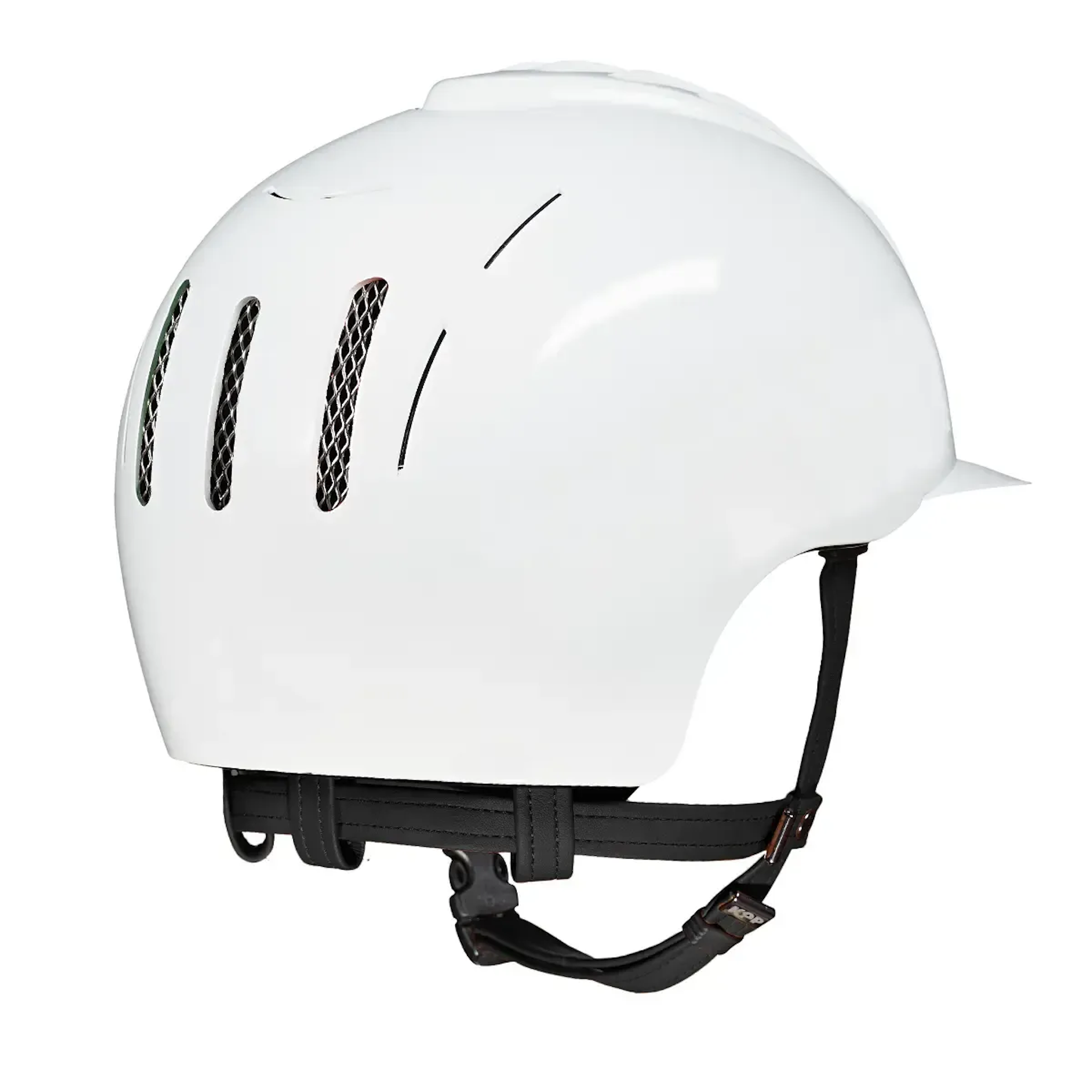 White KEP Endurance Shine horse riding helmet with a sleek, streamlined design and adjustable straps, viewed from the back.