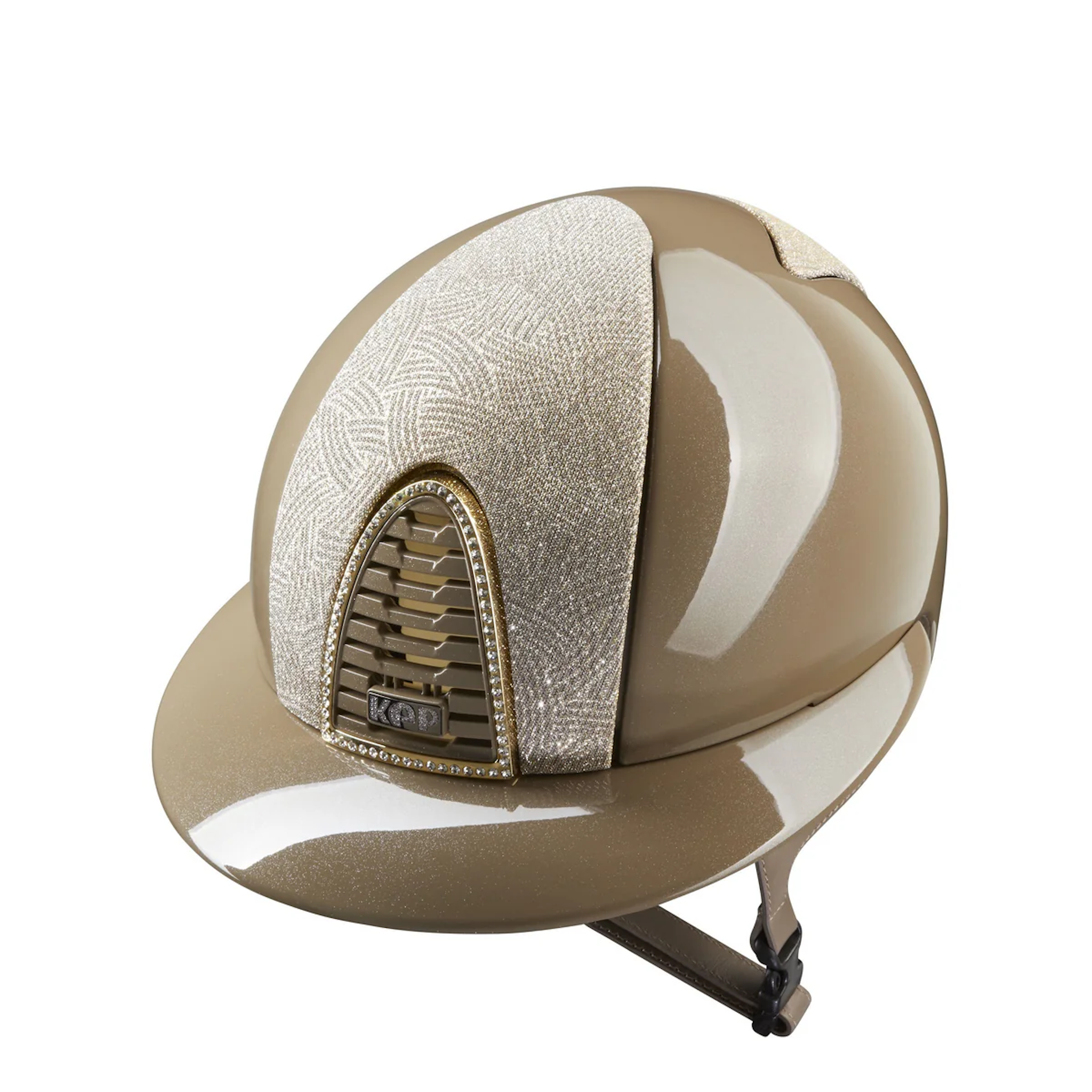 KEP Cromo 2.0 Polo Diamond Shell, Grid, Button & Visor, New Galassia Gold Top & Front, Crystal Gold Frame & Subgrid, Taupe Chinstrap - Espayo Equestrian