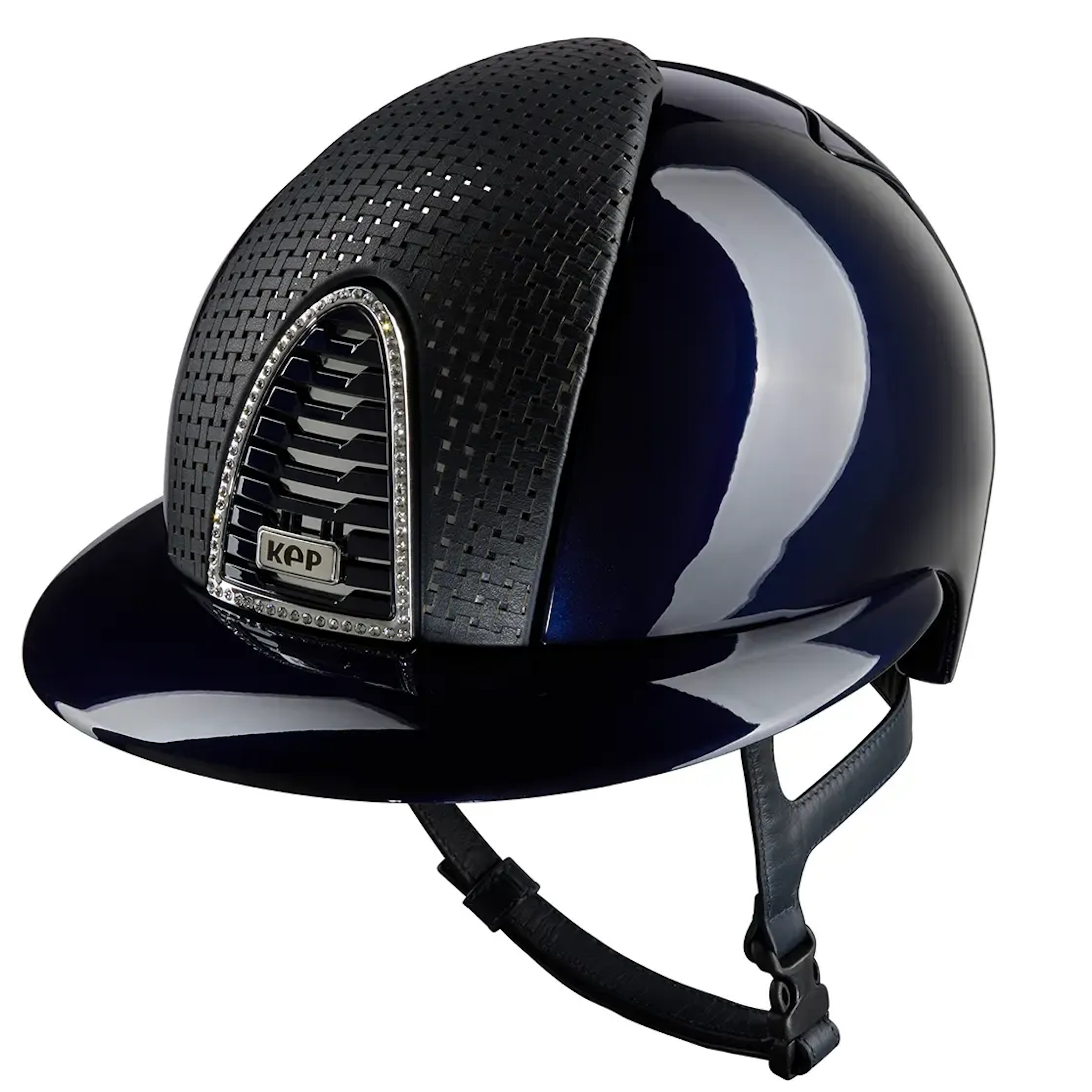 Kep Cromo 2.0 Polish Polo Verona riding helmet with Swarovski frame and logo, featuring a polished metal blue finish.