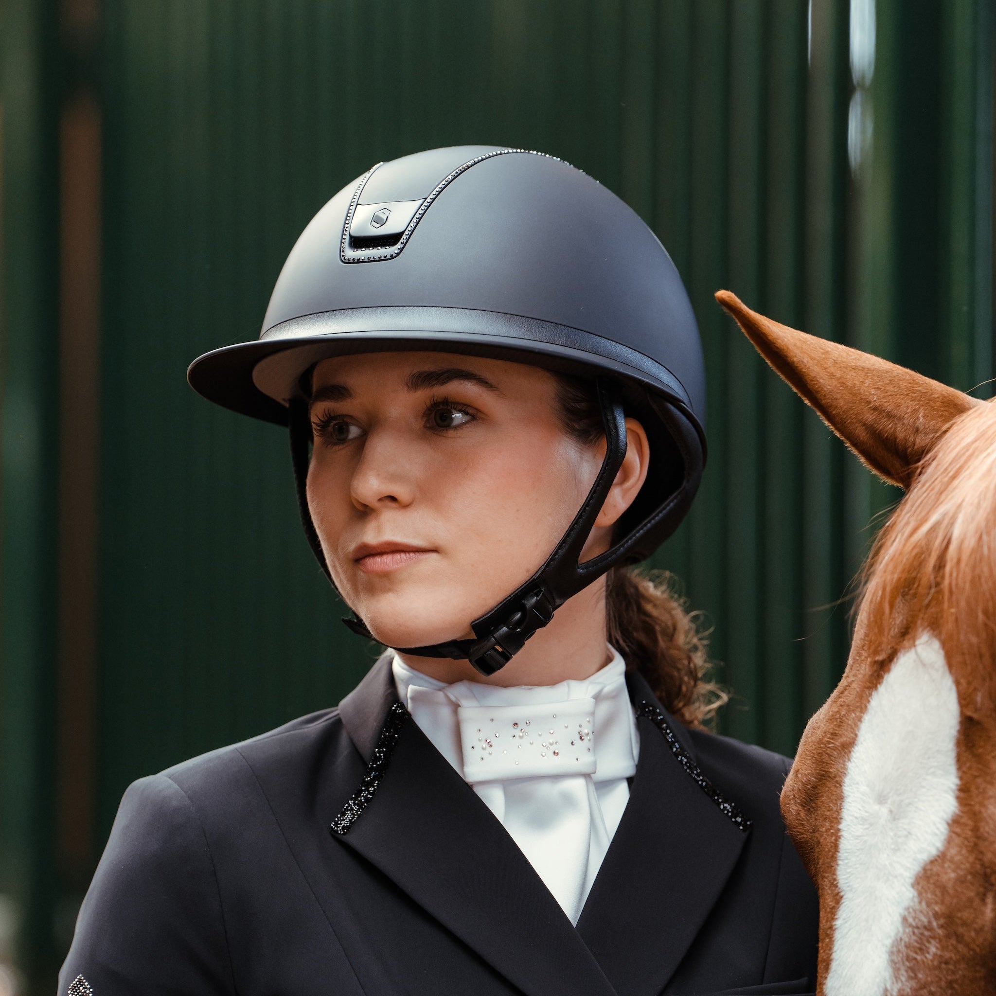 Samshield Miss Shield Shadowmatt 2.0 riding helmet with matte finish, decorative trim, blazon, and 300 crystal accents.