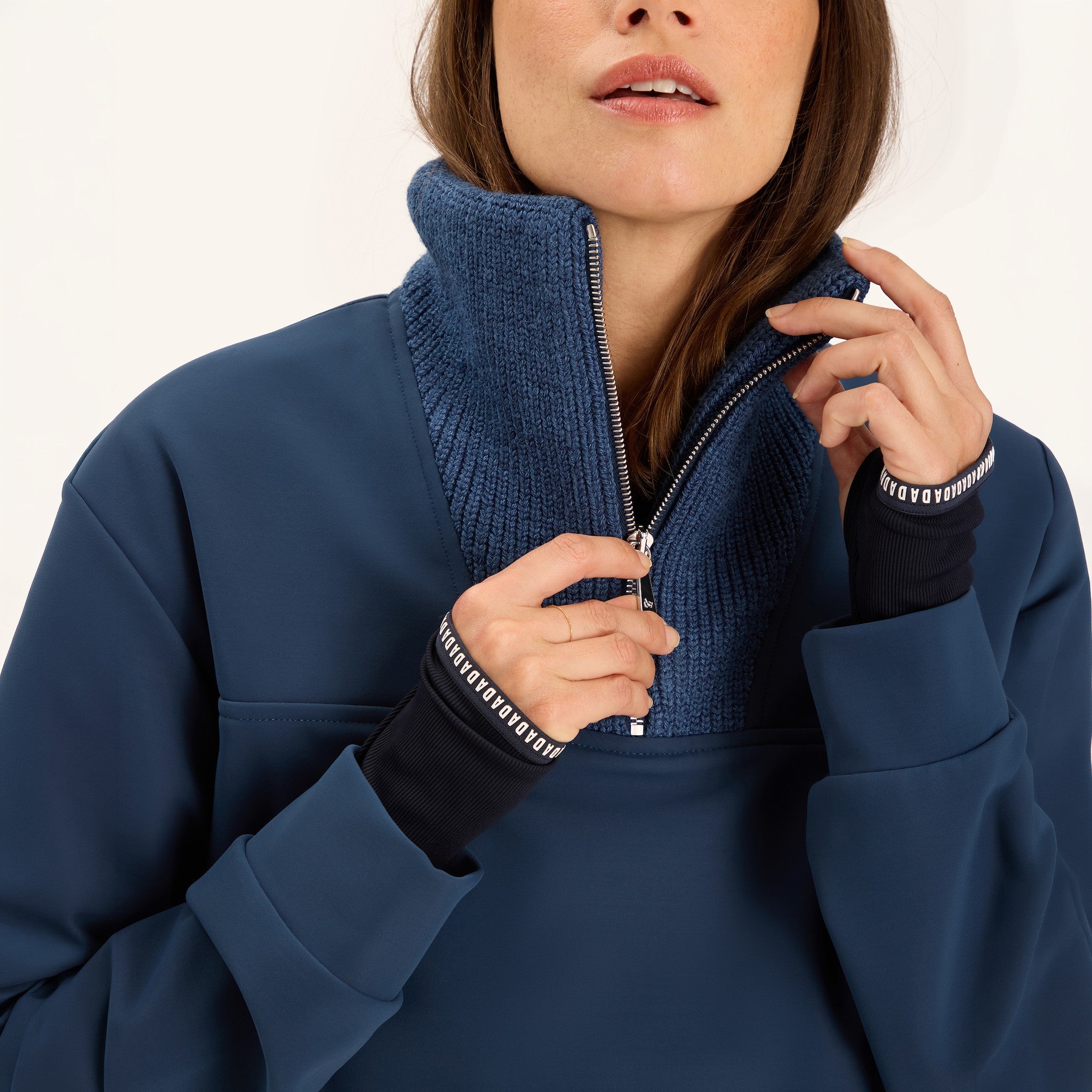 Dada Sport Ladies Urvoso Waterproof Riding Jacket in Baltic blue, collar detail