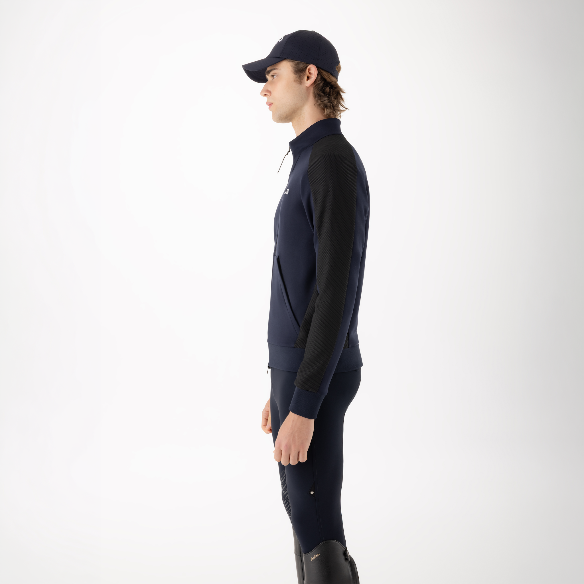 Equiline men's Celfa full-zip sweatshirt shown from the side, casual men's jumper with a zip-up front and comfortable fit.