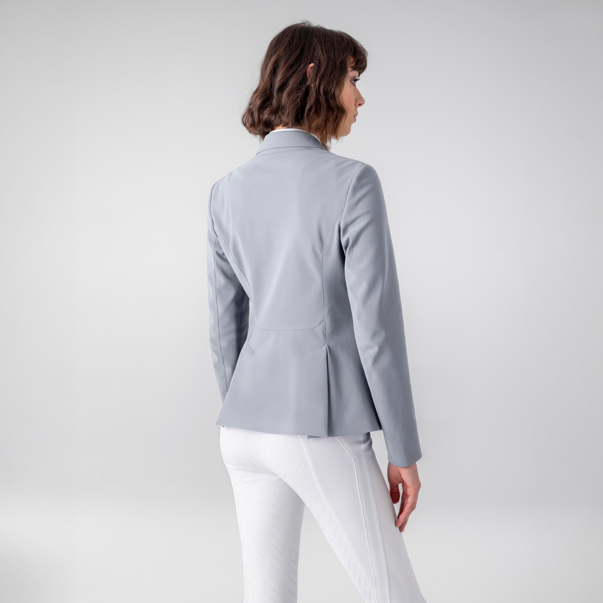 Equiline Ladies Casur Show Jacket in grey, tailored fit, with detailed stitching and back view for equestrian competition attire.