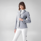 Grey Equiline Ladies Casur Show Jacket displayed on a hanger, showcasing tailored fit and elegant design for equestrian competitions.