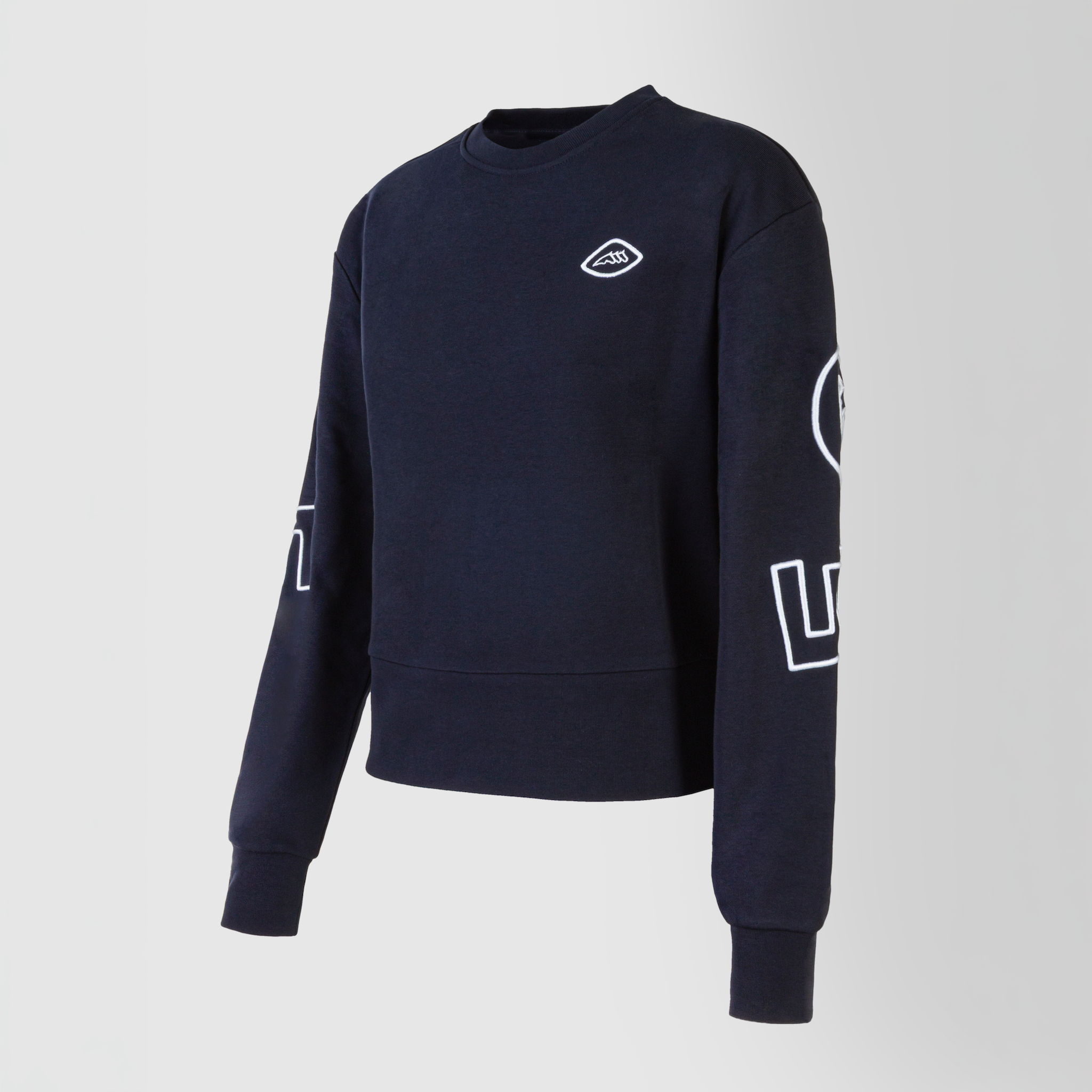 Navy Equiline Ladies Carly crewneck sweater featuring a casual fit and soft knit fabric, front view showing relaxed style.