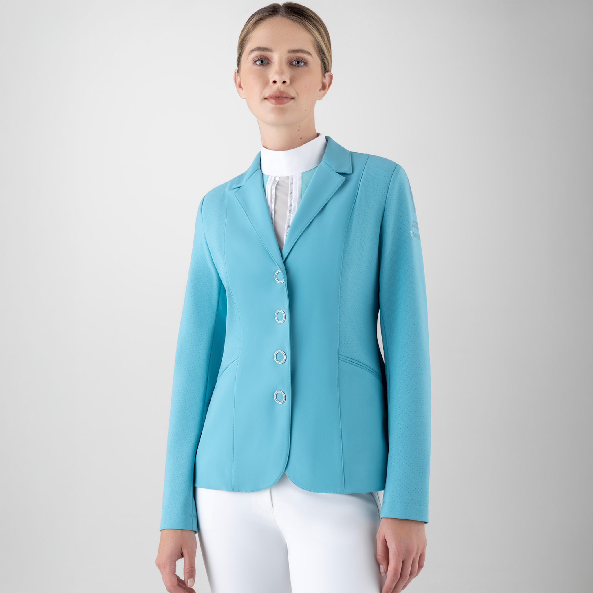 Equiline Ladies Gamtig show jacket in aqua color, tailored fit with elegant detailing for equestrian competitions.